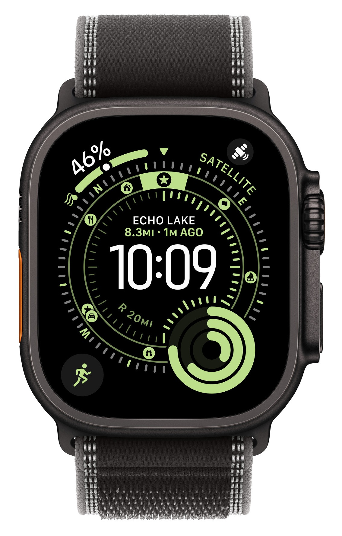 Czarny Apple Watch wyświetla godzinę 10:09 i dane o lokalizacji. Zegarek ma ciemnoszary pasek i pomarańczowy przycisk.