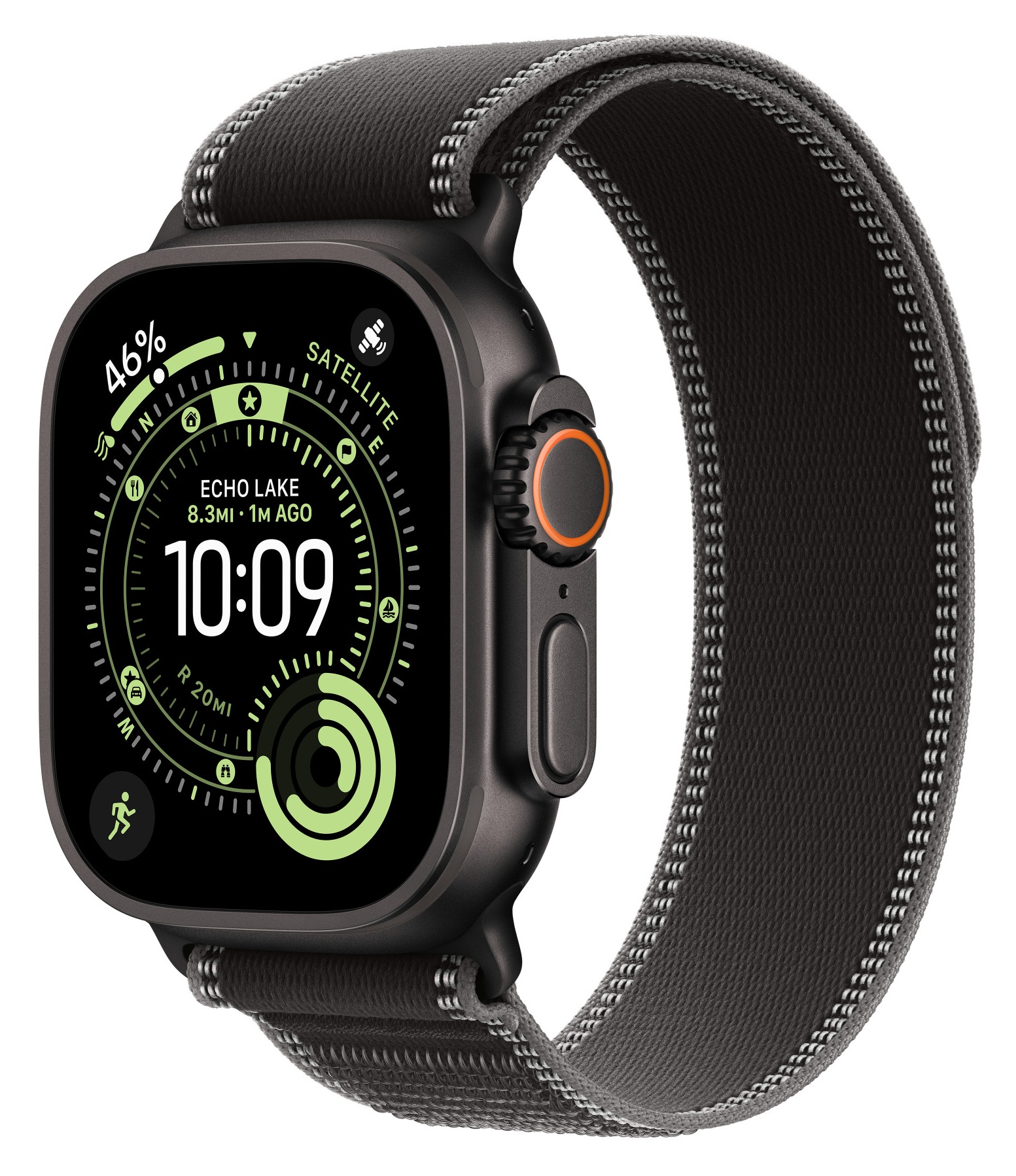 Czarny Apple Watch Ultra z szarym paskiem. Ekran pokazuje czas, baterię i inne dane.