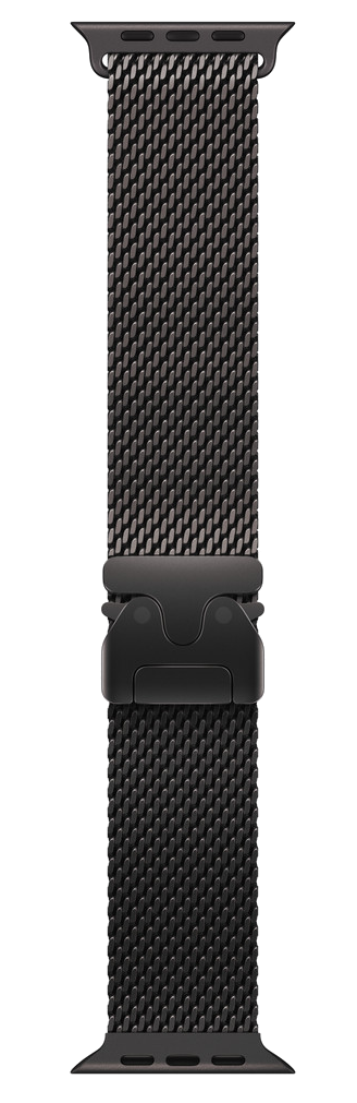 Czarny, siatkowy pasek do Apple Watch z czarnym zapięciem. Pasek wykonany jest z tkanego metalu. Tło jest czarne.