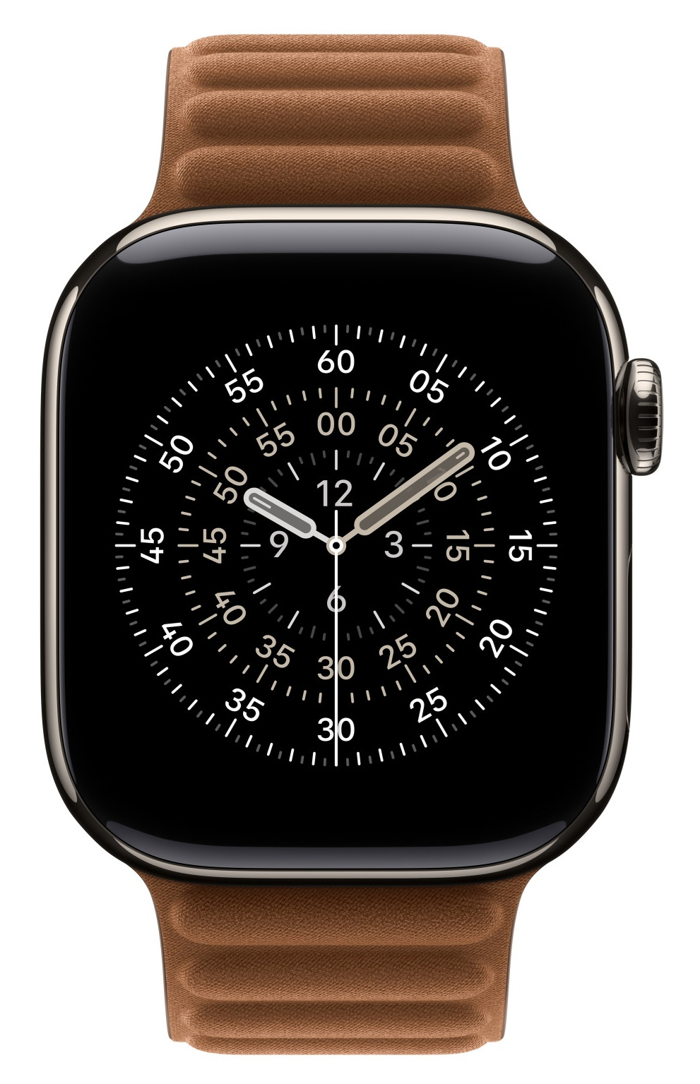 Zbliżenie Apple Watch z czarną tarczą i jasnobrązowym skórzanym paskiem. Zegarek pokazuje godzinę i ma srebrną obudowę.