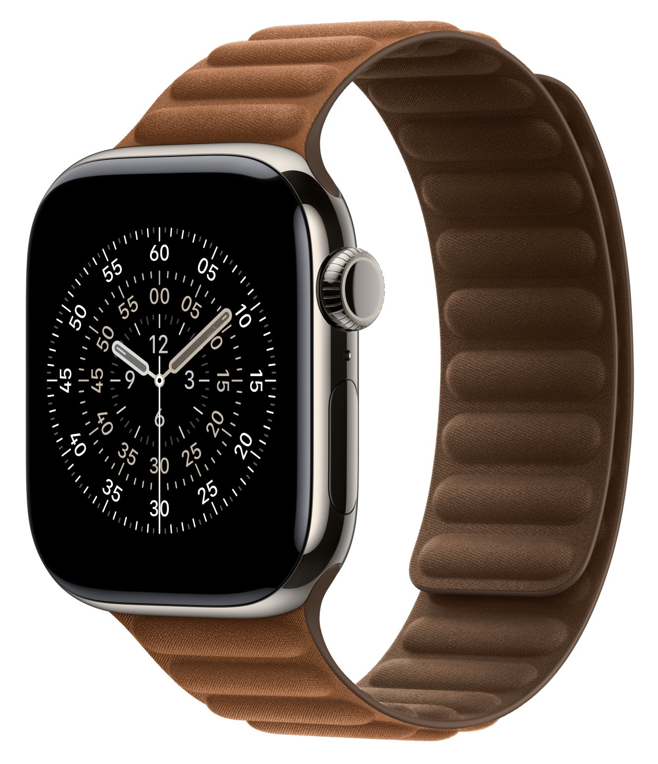 Srebrny Apple Watch z czarną tarczą i brązowym skórzanym paskiem. Tarcza pokazuje godzinę. Pasek jest magnetyczny.