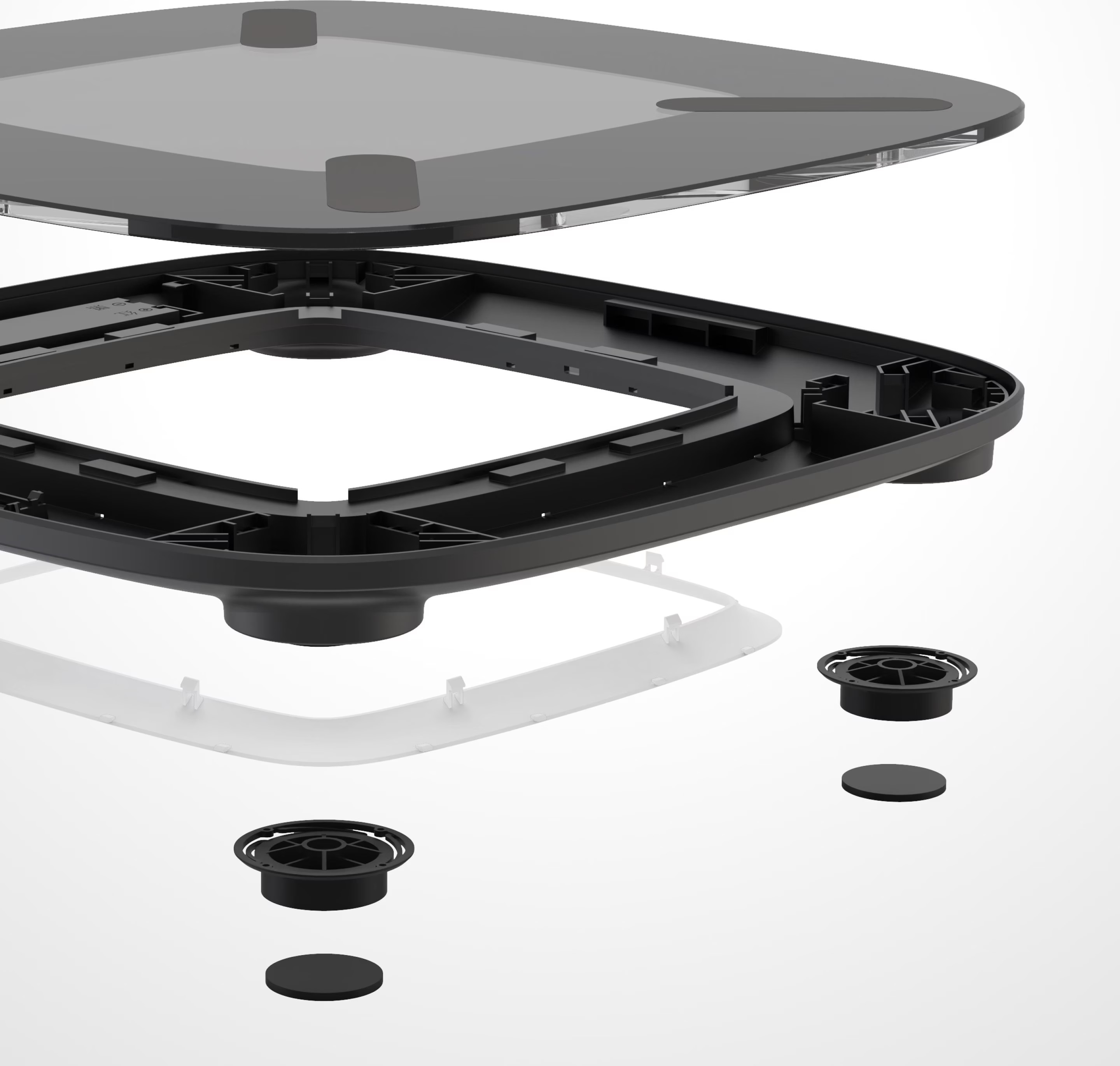 Widok rozłożony w skali czarno-szarej. Części obejmują górę, ramę, podstawę i małe czarne krążki.