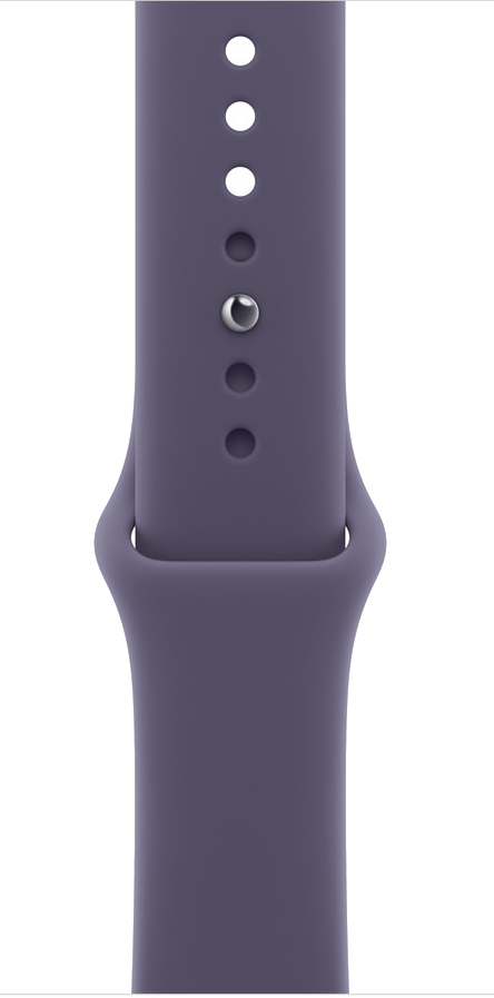 Fioletowy pasek do zegarka. Ma kilka otworów i srebrne zapięcie. Tło jest czarne.