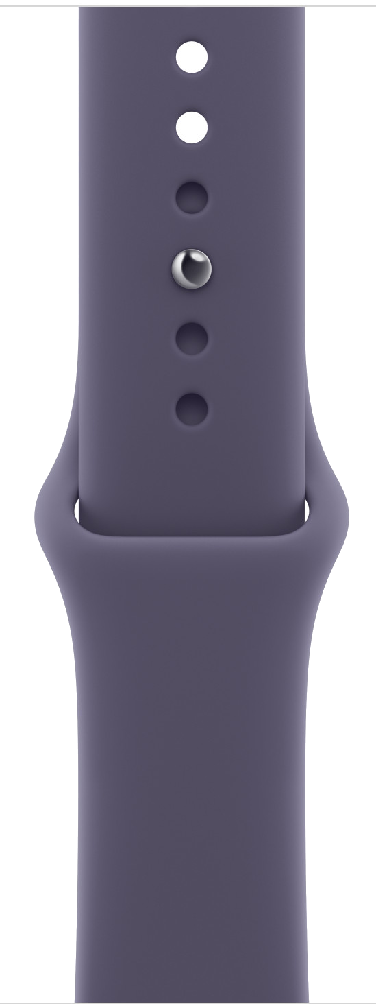 Zbliżenie fioletowego paska do Apple Watch. Ma otwory i srebrne zapięcie. Tło jest czarne.