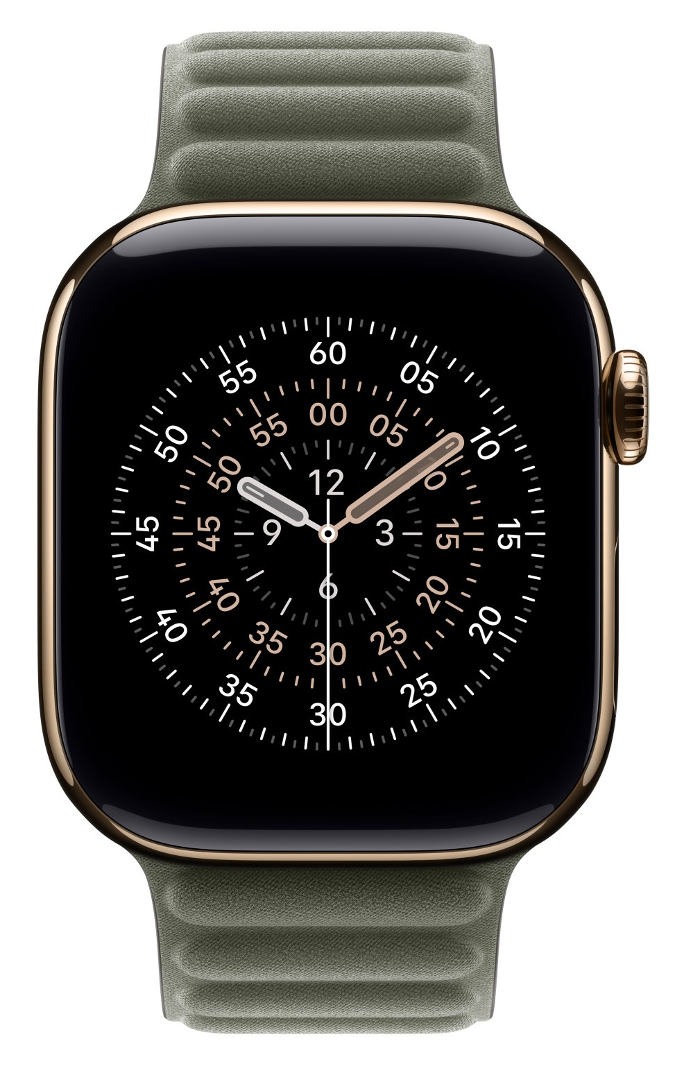Apple Watch z czarnym ekranem i złotą kopertą. Posiada zielony pasek. Zegarek wyświetla godzinę białymi cyframi.