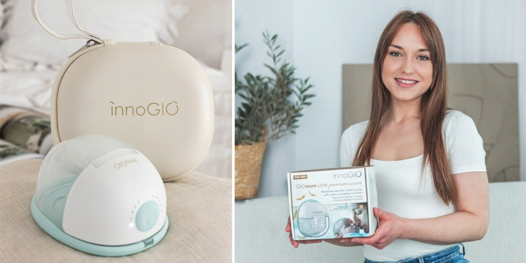 Zdjęcie przedstawia laktator InnoGio i akcesoria. Kobieta trzyma pudełko produktu. Zawiera roślinę w koszu.