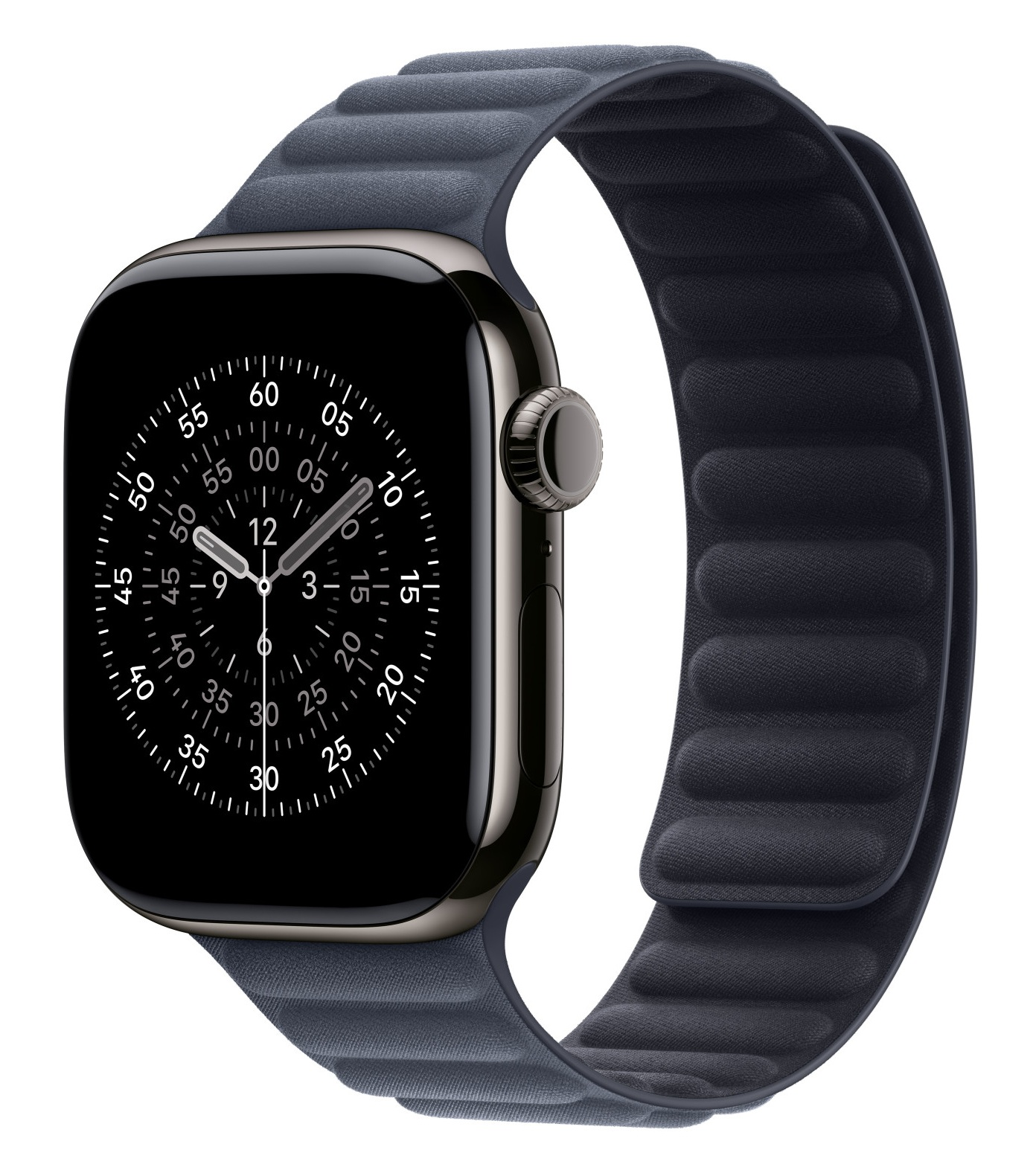 Czarny Apple Watch z granatowym paskiem magnetycznym. Tarcza pokazuje godzinę. Białe tło.