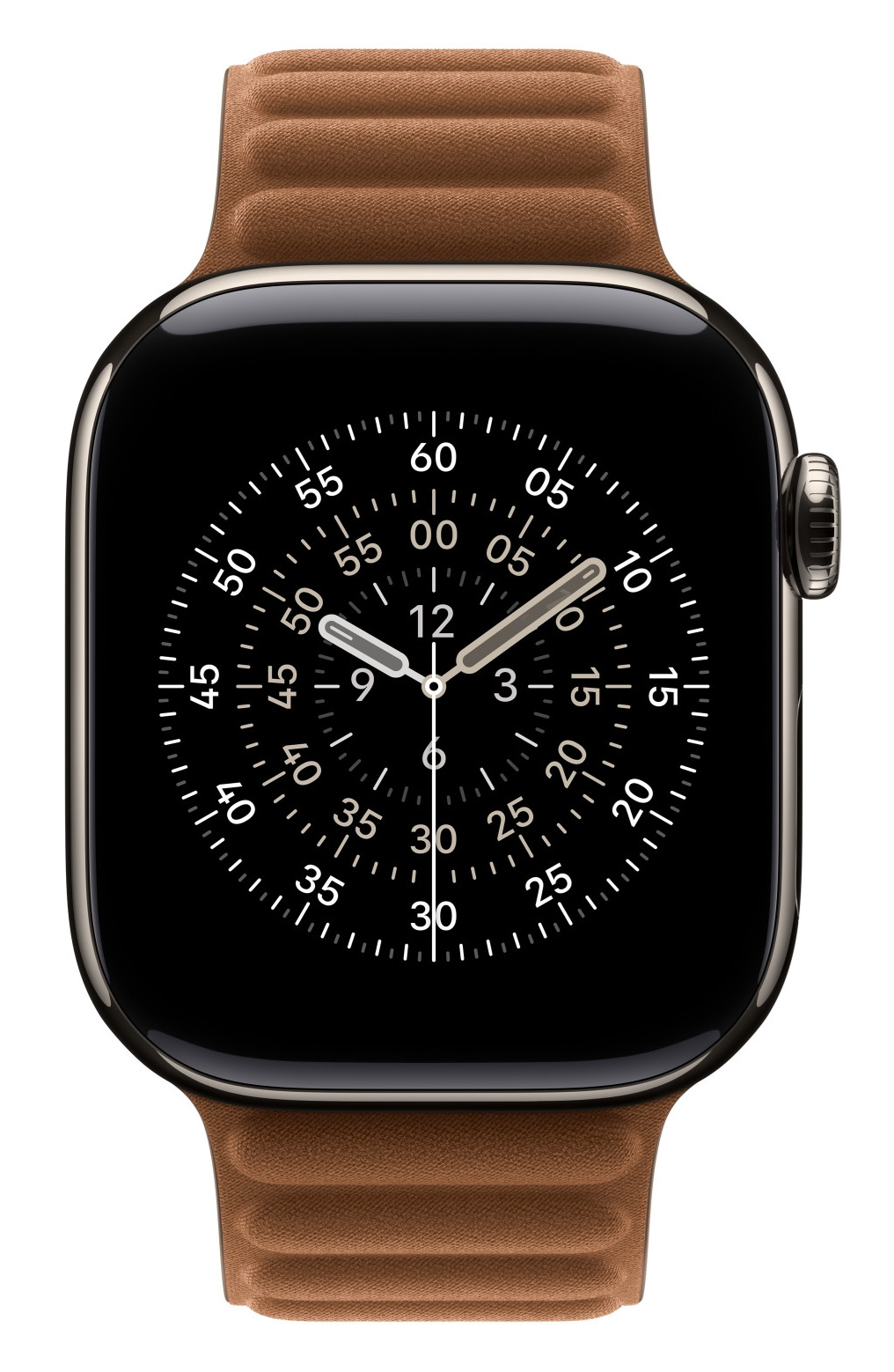 Smartwatch z czarnym ekranem wyświetlającym godzinę. Zegarek ma brązowy skórzany pasek. Tarcza zegarka pokazuje cyfry i wskazówki.