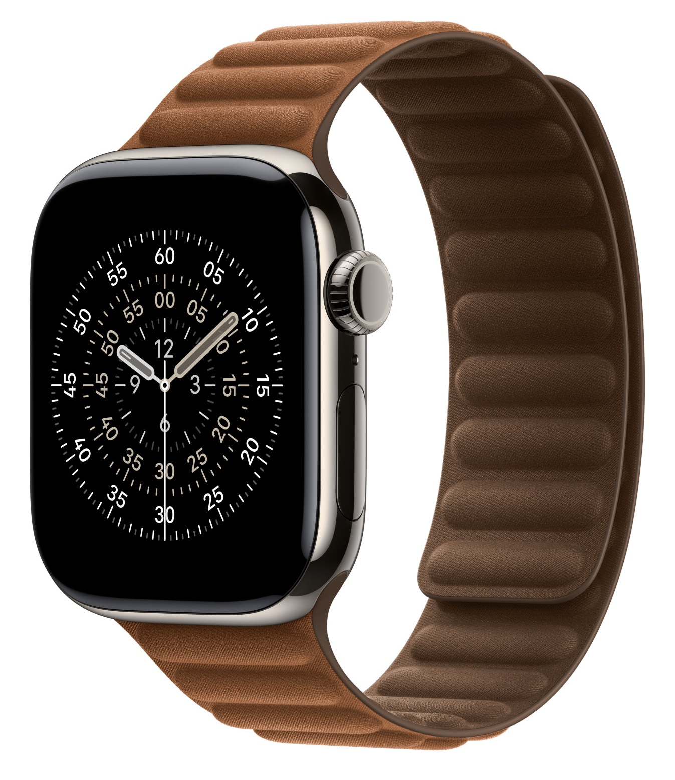 Brązowy skórzany Apple Watch z czarnym ekranem pokazującym czas. Pasek jest połączony ze srebrną obudową.