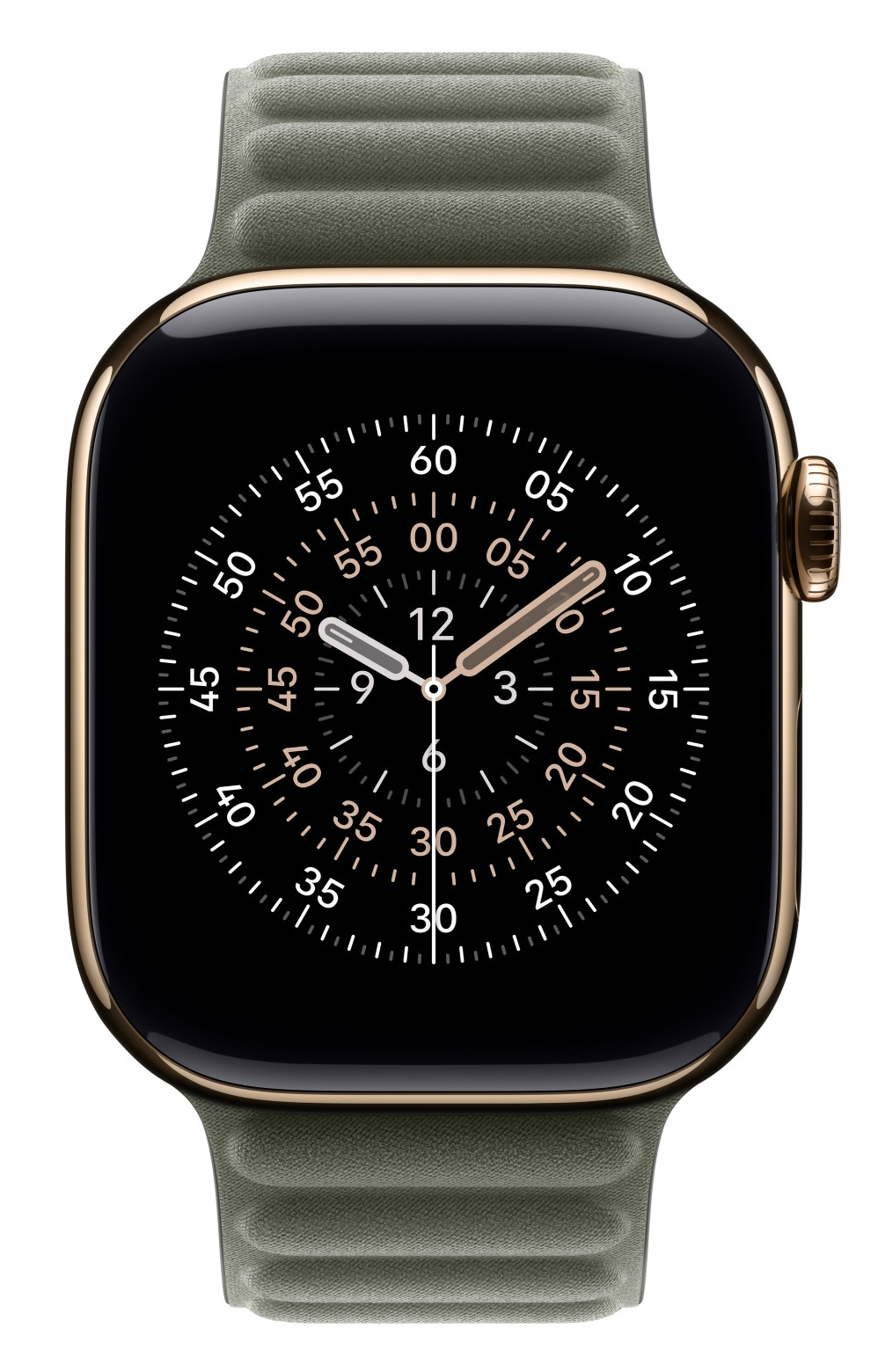 Apple Watch ze złotą kopertą i oliwkowym paskiem. Tarcza wyświetla godzinę złotymi wskazówkami i cyframi.