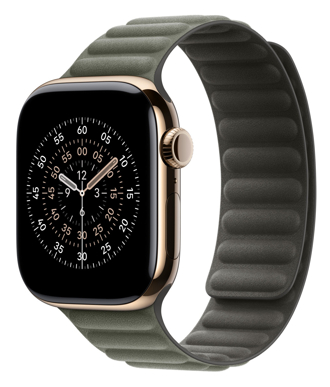 Złoty Apple Watch z czarnym ekranem wyświetlającym szczegóły czasu. Zegarek ma zielony pasek. Tło jest białe.