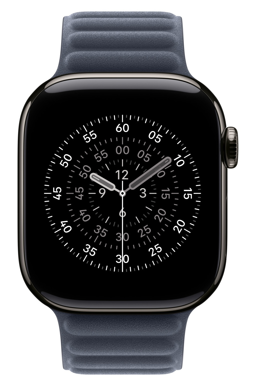 Ciemny Apple Watch pokazujący godzinę. Zegarek ma ciemny pasek i czarną tarczę z białymi cyframi i liniami.