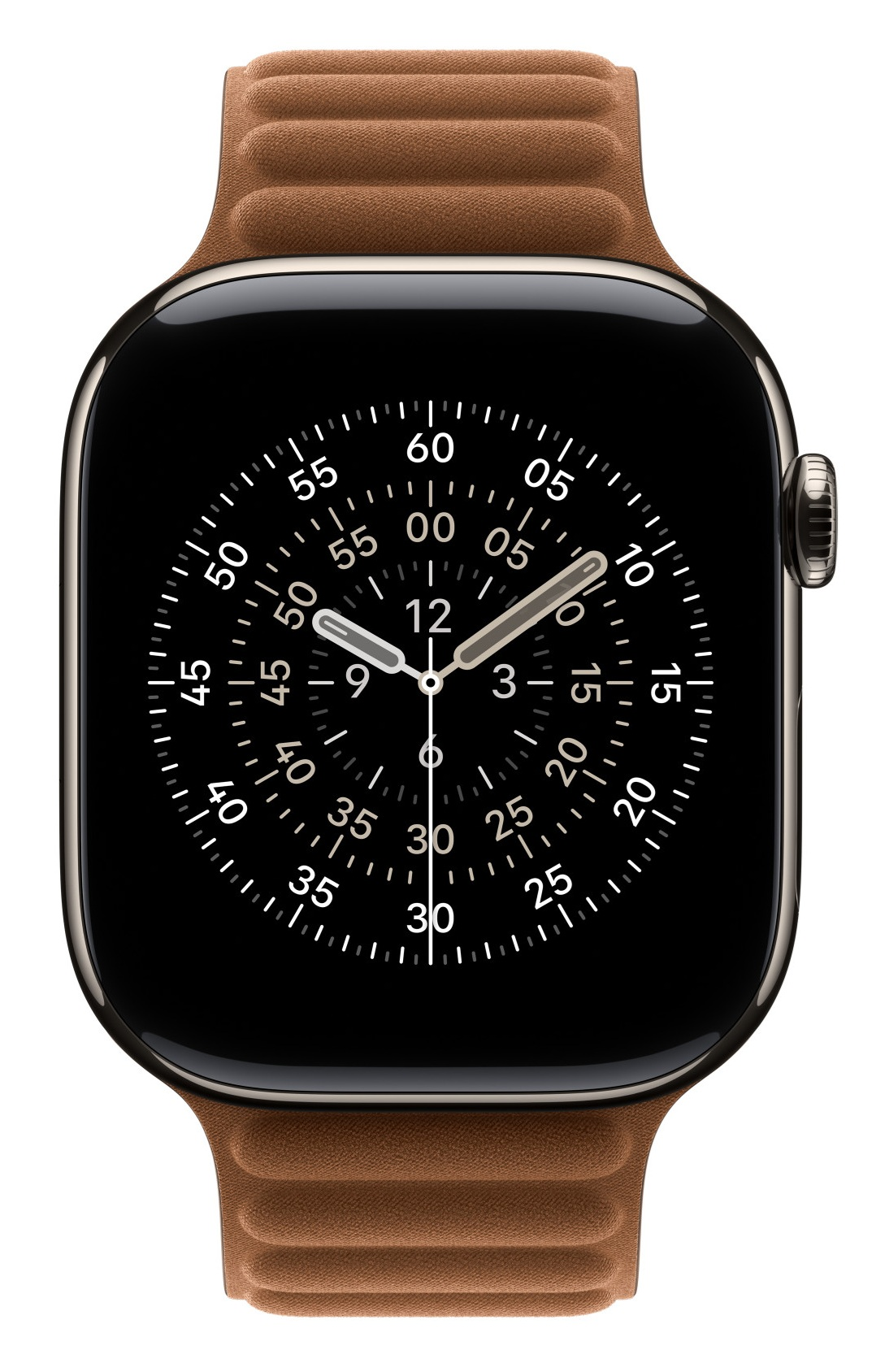 Zegarek z brązowym skórzanym paskiem i czarną tarczą. Zegarek pokazuje godzinę. Tło jest białe.