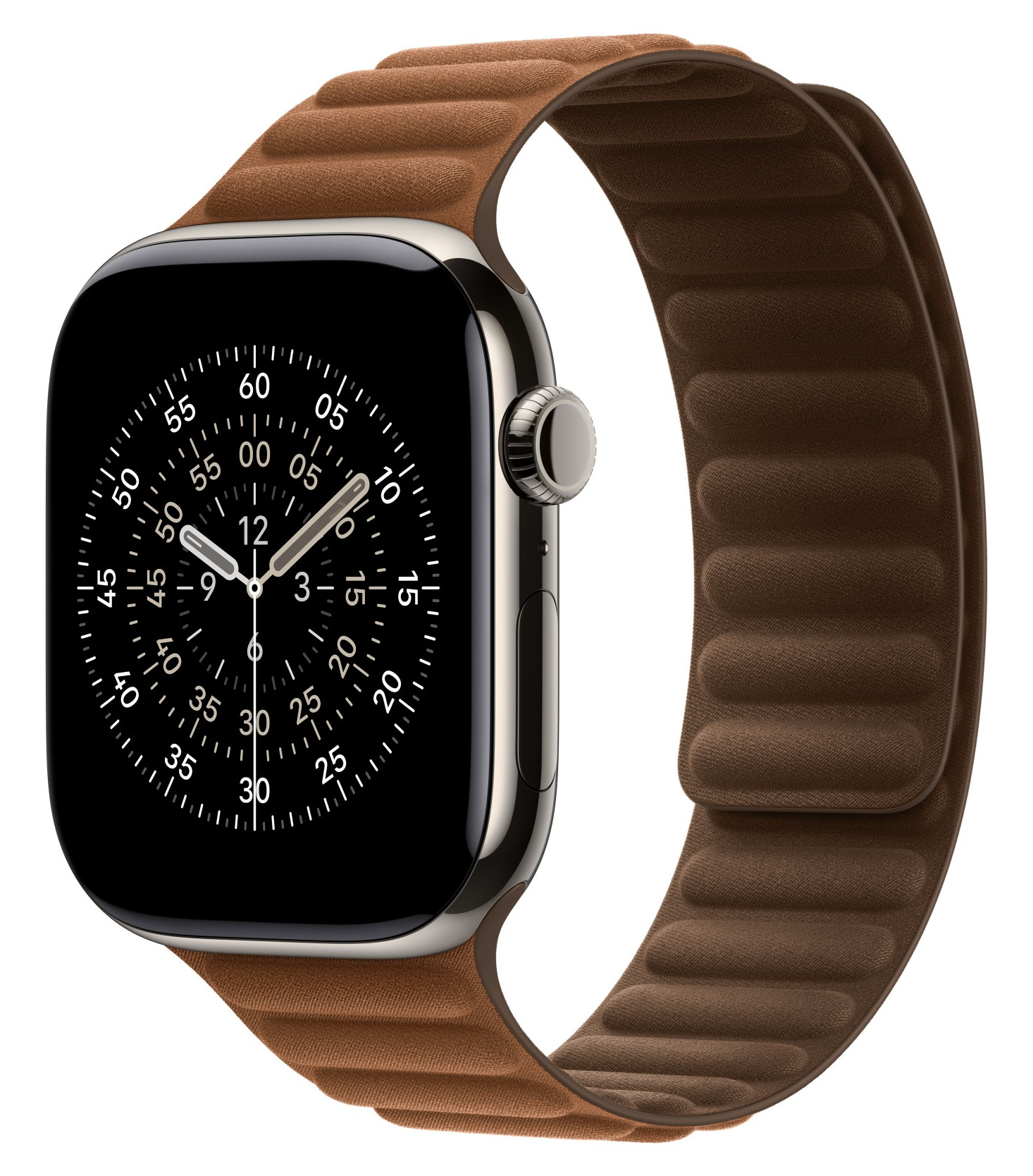 Apple Watch z brązowym skórzanym paskiem. Tarcza zegarka jest czarna z białymi cyframi i wskazówkami. Pasek jest zapięty.