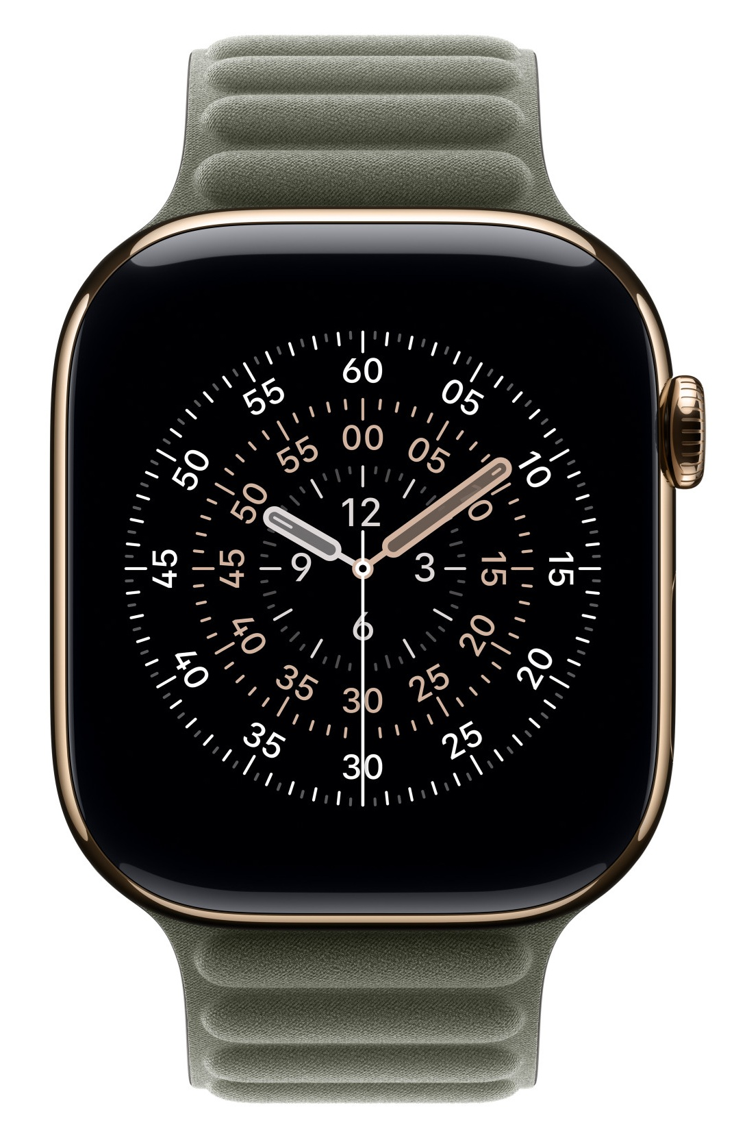 Apple Watch ze złotą kopertą i oliwkowym paskiem. Tarcza zegarka jest czarna z białymi cyframi i wskazówkami.