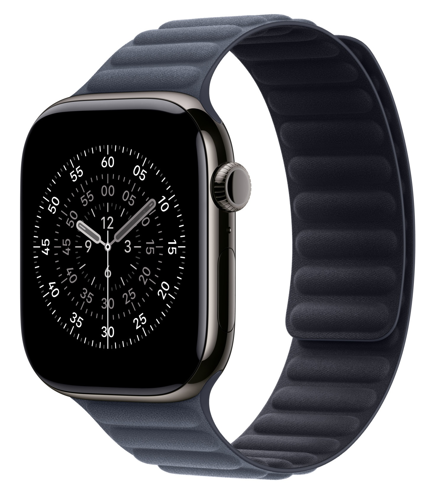 Czarny Apple Watch z ciemnoniebieskim paskiem magnetycznym. Tarcza pokazuje godzinę. Pasek jest zakrzywiony.