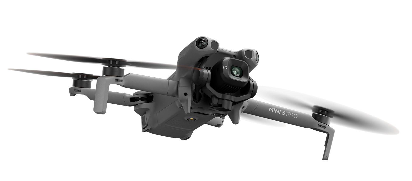 Szary dron DJI Mini 5 Pro na białym tle. Dron ma cztery śmigła, kamerę i napis 'MINI 5 PRO'.