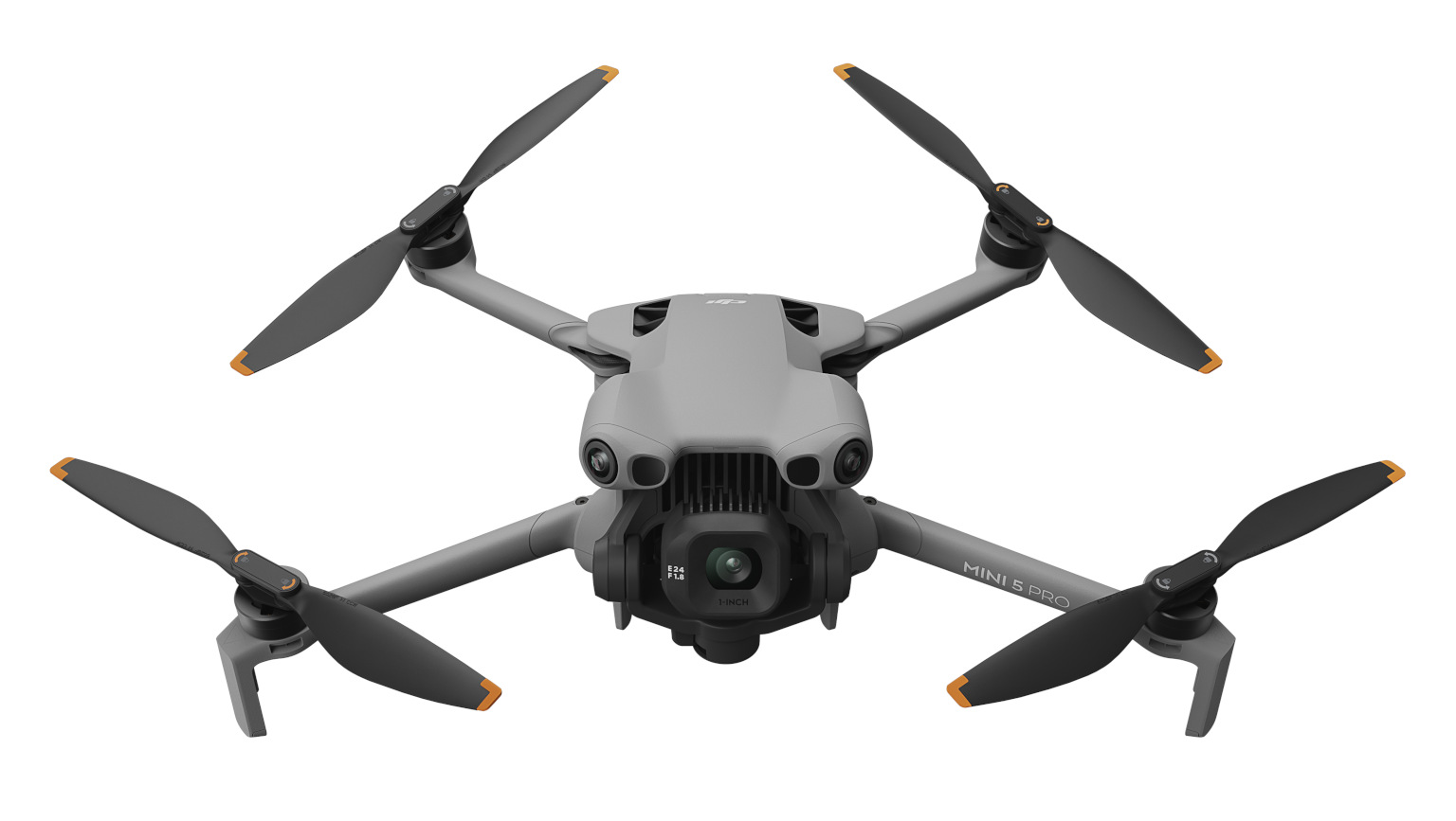Szary dron z czterema czarnymi śmigłami i pomarańczowymi końcówkami. Dron ma kamerę i jest oznaczony jako 'Mini 5 Pro'.