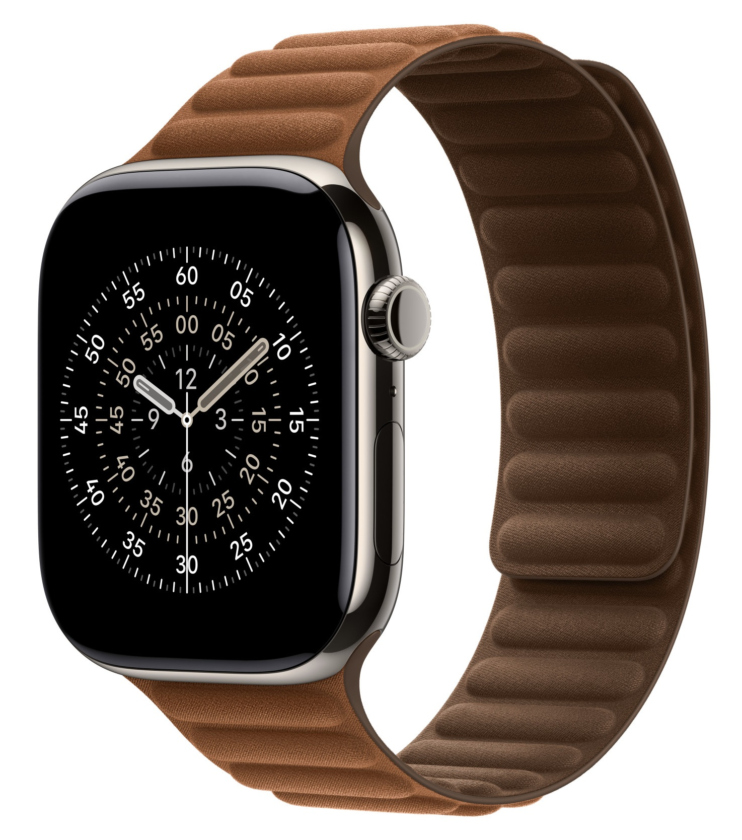 Apple Watch z brązowym skórzanym paskiem. Tarcza jest czarna z białymi cyframi i wskazówkami. Pasek ma magnetyczne zapięcie.