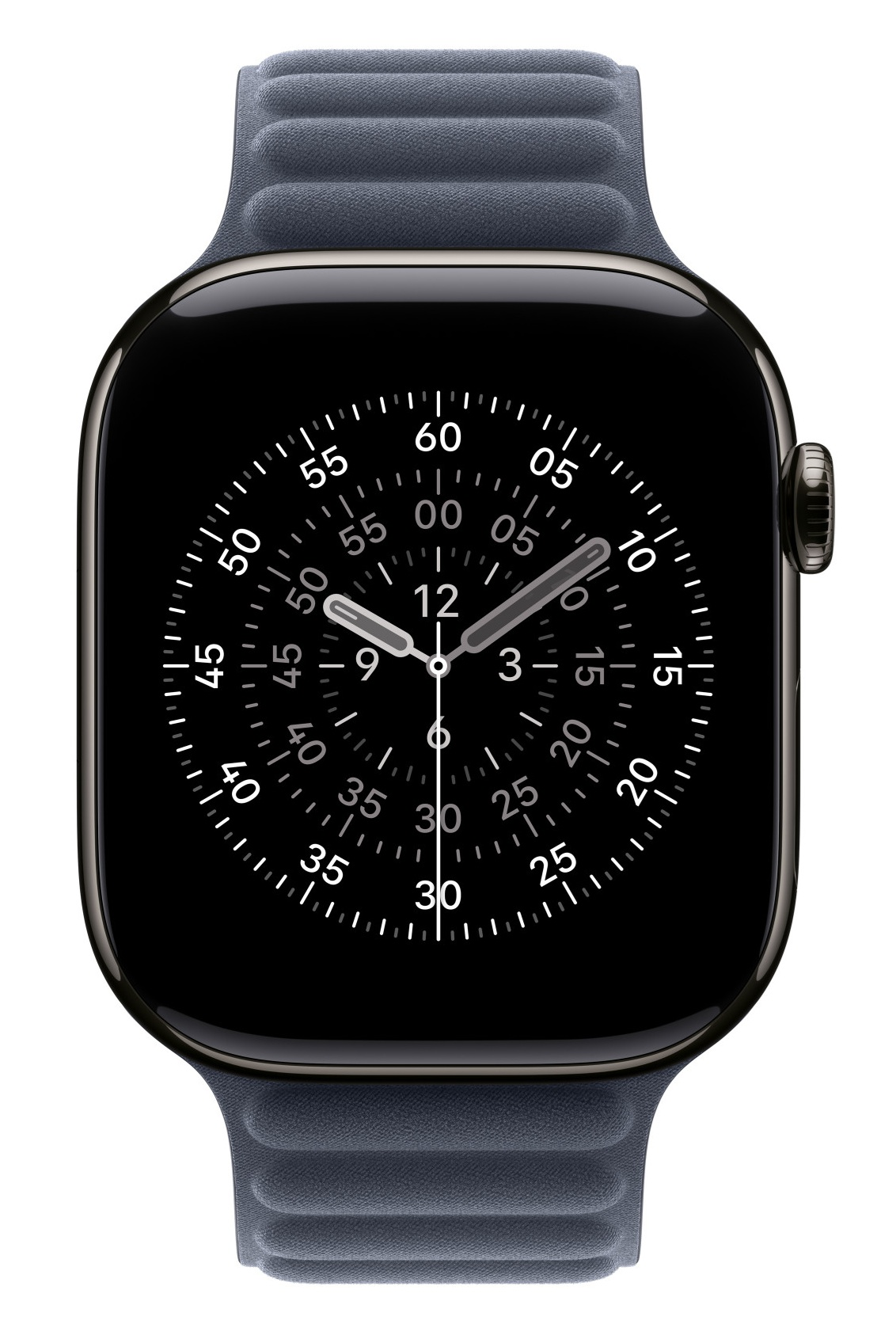 Smartwatch z czarnym ekranem pokazującym tarczę zegarka. Pasek jest ciemnoniebieski, a zegarek ma czarną ramkę.