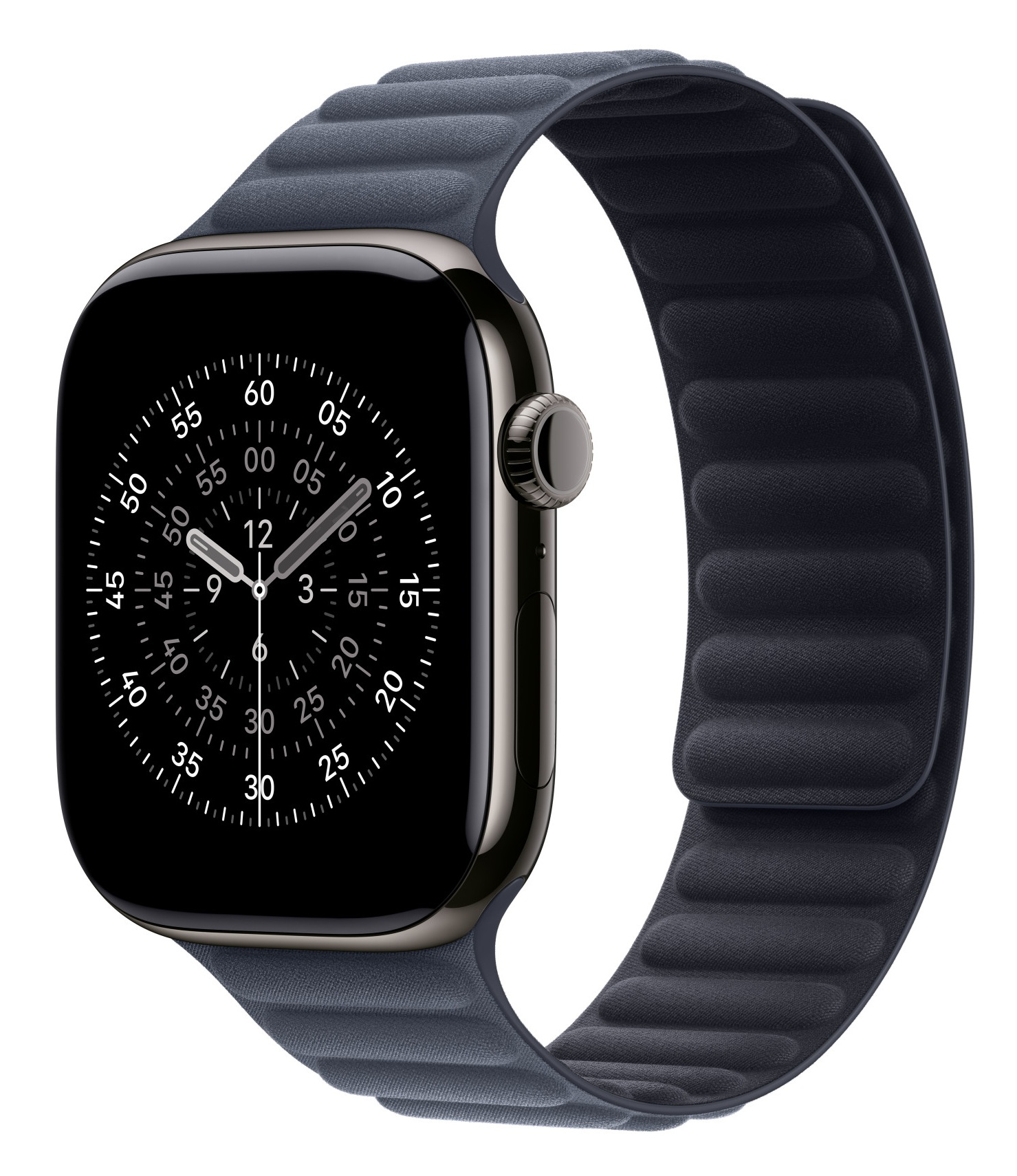 Apple Watch z czarnym wyświetlaczem pokazującym godzinę. Ma ciemnoniebieski magnetyczny pasek na białym tle.