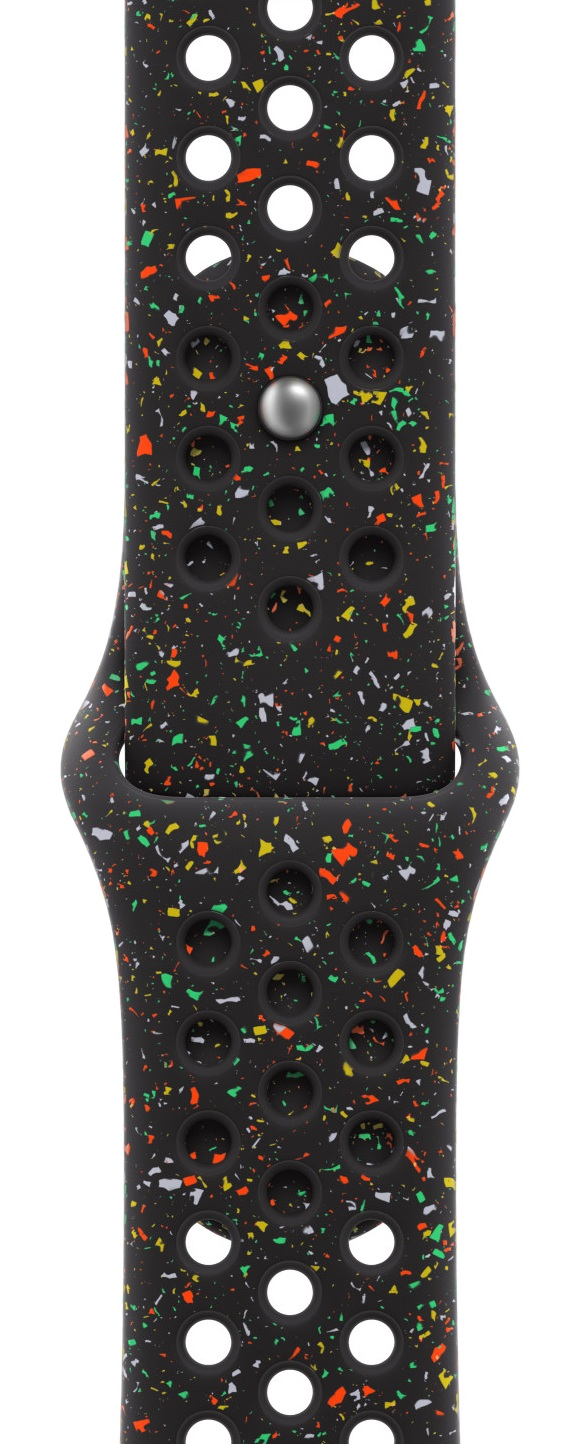 Czarny pasek do zegarka z kolorowymi plamkami. Ma duże otwory i metalowe zapięcie.