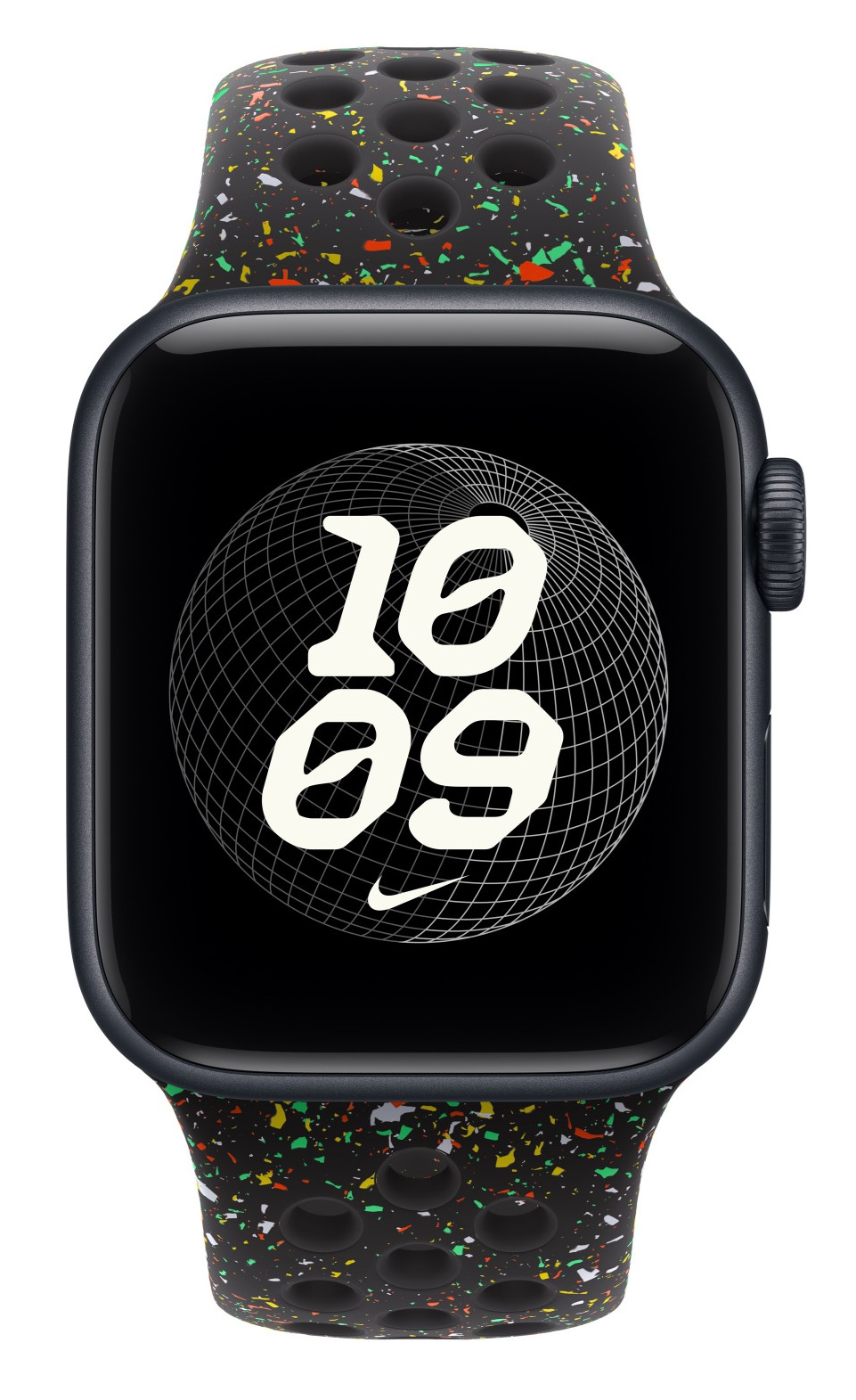 Czarny smartwatch z wzorzystym paskiem wyświetlającym godzinę. Pasek ma kolorowe plamki. Ekran pokazuje godzinę 10:09.