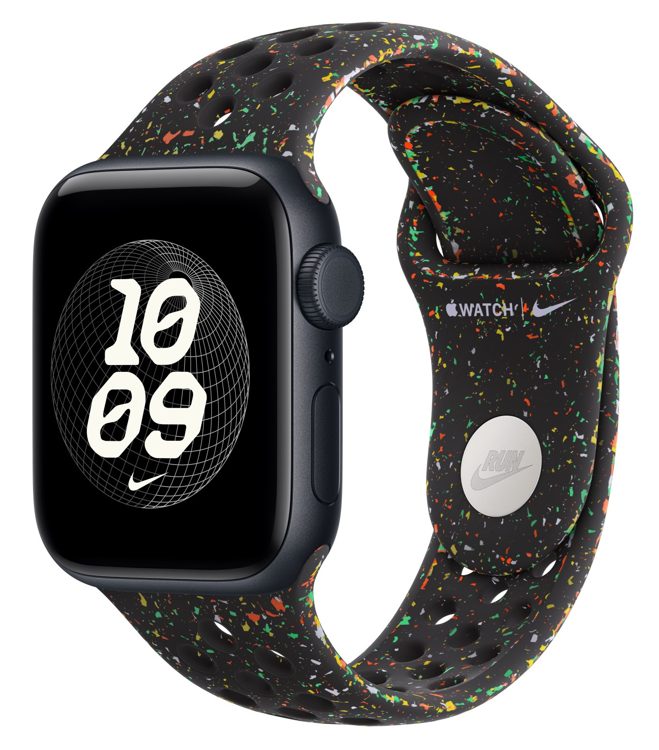 Czarny zegarek Apple Watch Nike z nakrapianym paskiem pokazującym godzinę 10:09. Pasek ma logo Nike i Apple.