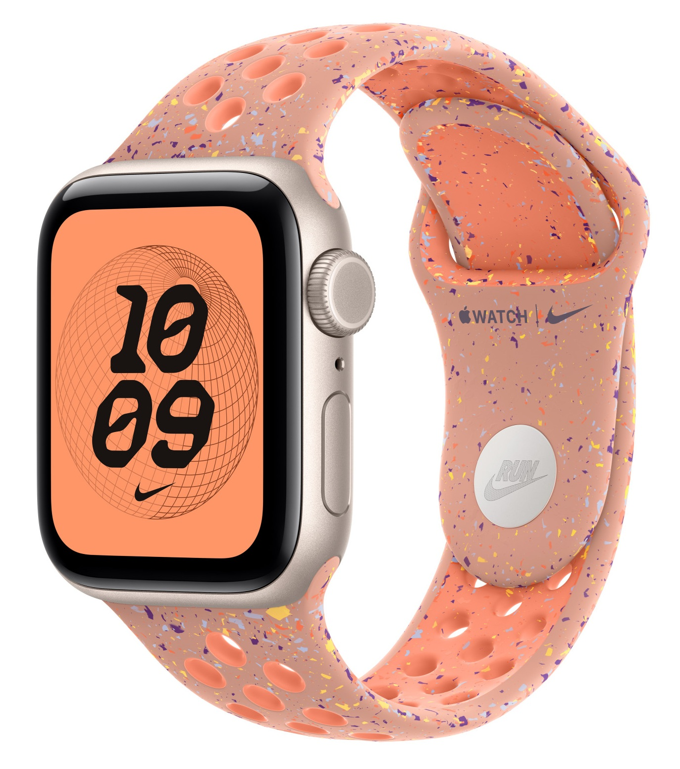 Apple Watch z brzoskwiniowym i nakrapianym paskiem. Ekran pokazuje 10:09. Na pasku napis "RUN" i "WATCH".