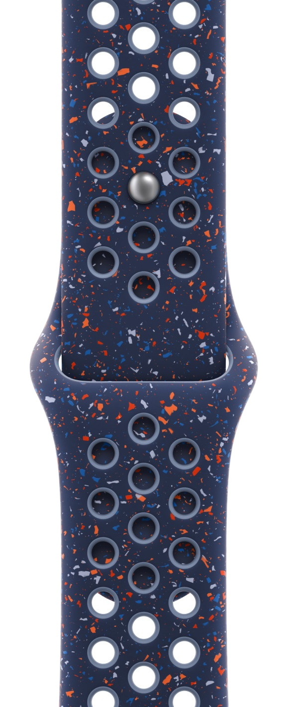 Ciemnoniebieski pasek do zegarka z pomarańczowymi, niebieskimi i białymi plamkami. Pasek ma kilka otworów. Srebrny pin jest na środku.