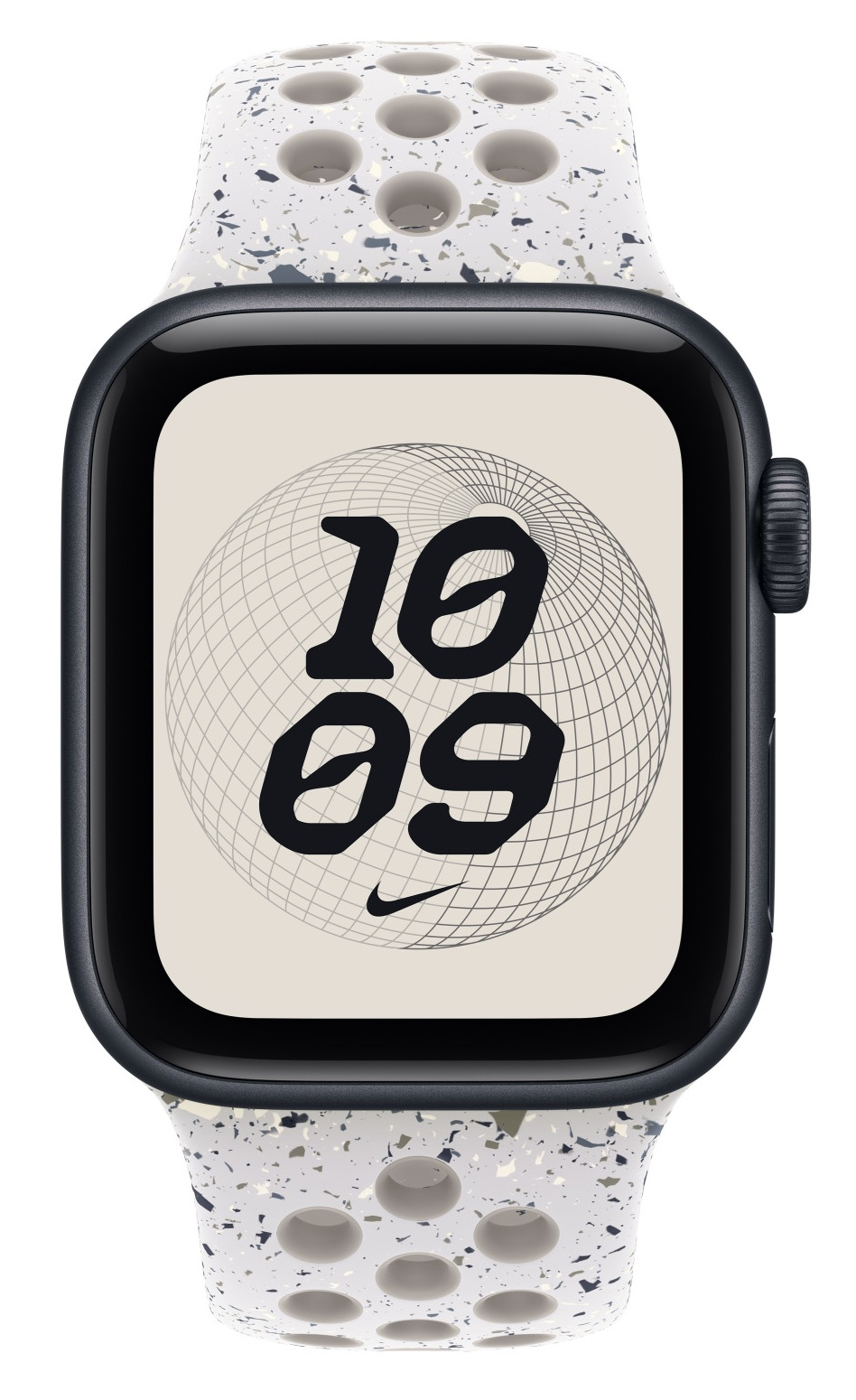 Zbliżenie na Apple Watch. Na tarczy widnieje godzina 10:09. Pasek jest biały z małymi, kolorowymi plamkami i dużymi otworami.