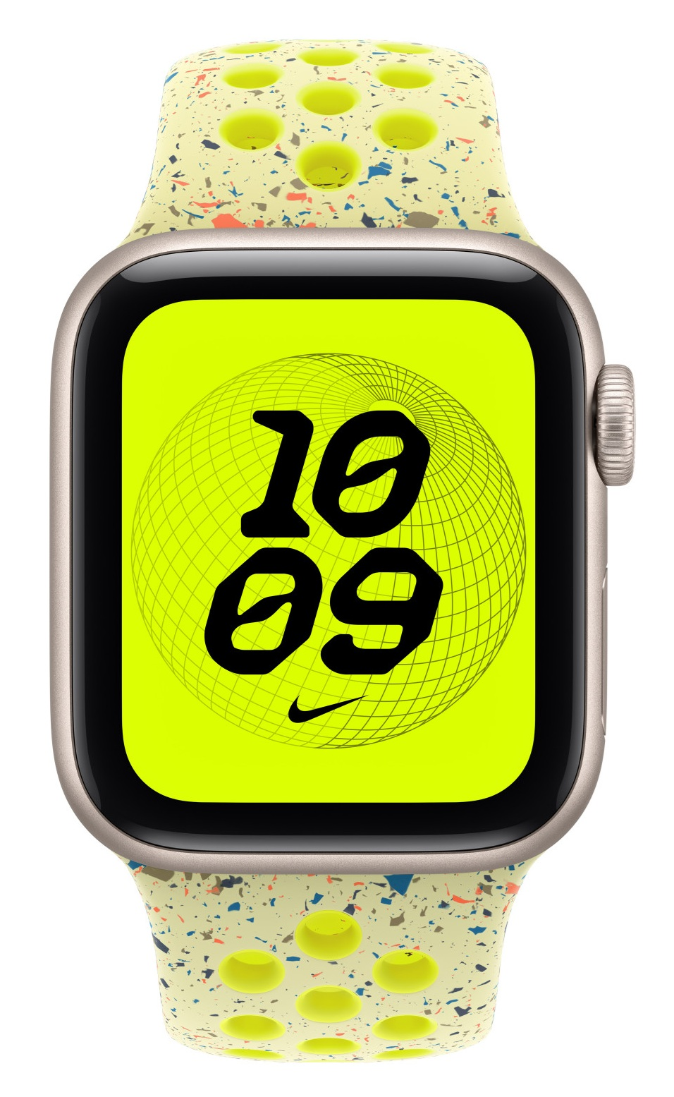 Apple Watch z neonowo zielonym ekranem wyświetlającym '10 09'. Pasek do zegarka jest nakrapiany beżowo-żółty.