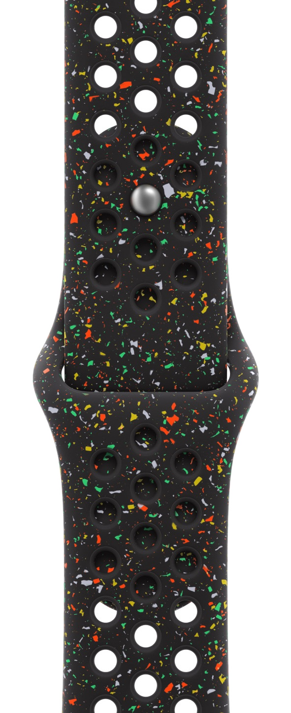 Czarny pasek do zegarka z kolorowymi plamkami. Ma okrągłe otwory i srebrne zapięcie. Pasek jest zakrzywiony i teksturowany.
