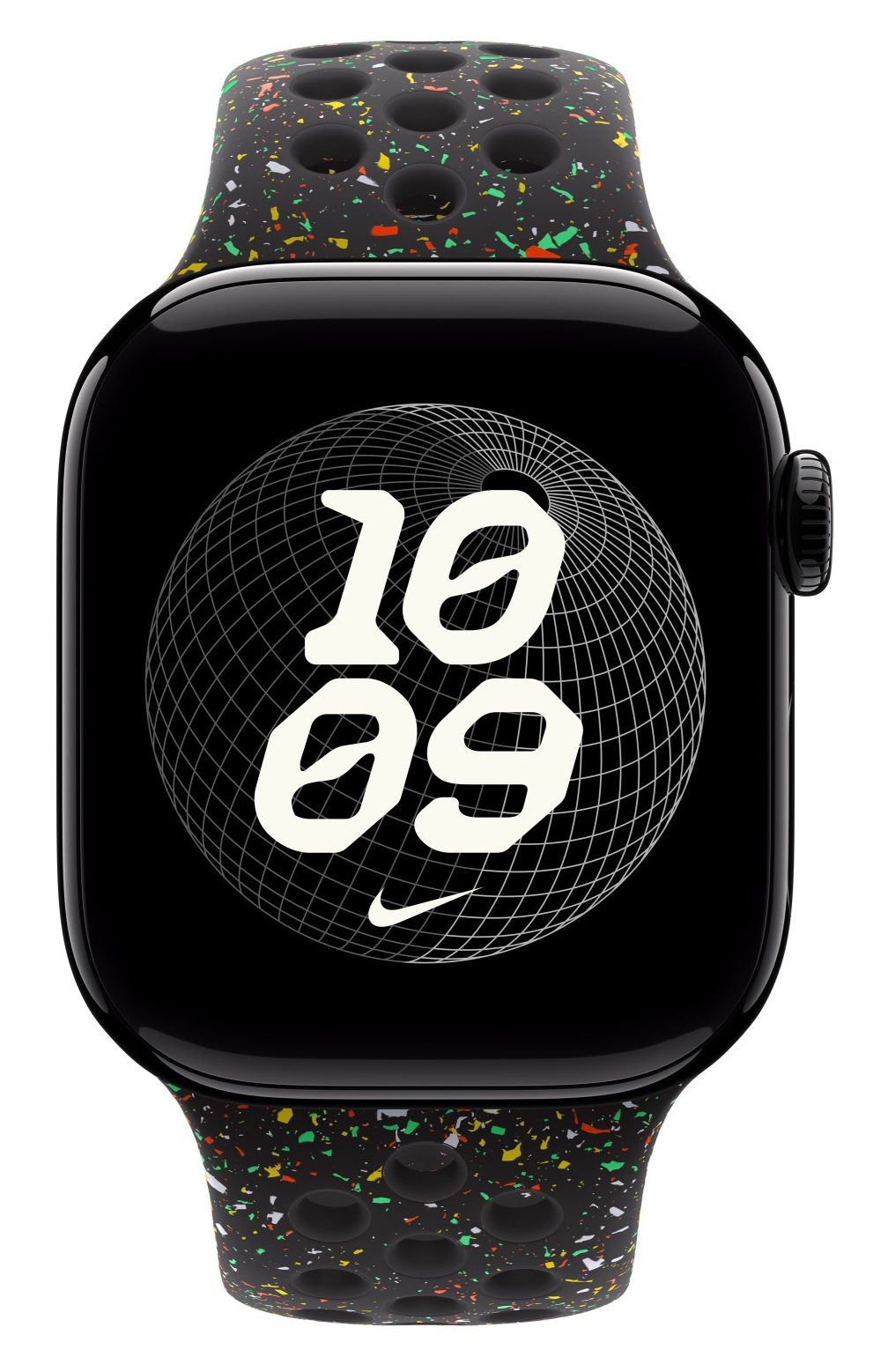Czarny zegarek Apple z nakrapianym paskiem. Tarcza pokazuje godzinę 10:09. Obecne jest logo Nike.