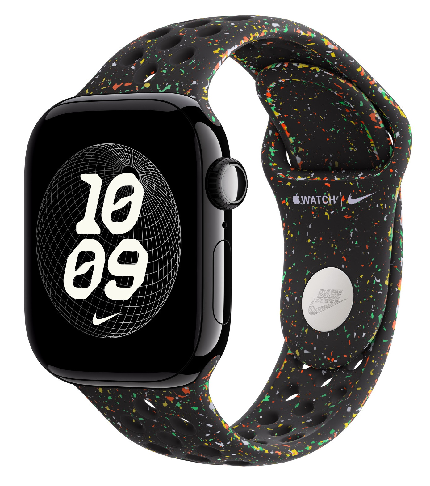Czarny Apple Watch z nakrapianym paskiem, który pokazuje godzinę 10:09. Pasek ma logo Nike i napis RUN. Kolory obejmują zielony, pomarańczowy i żółty.