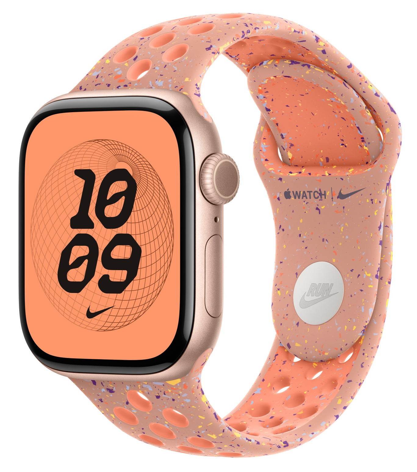 Zegarek Apple Watch w kolorze różowego złota z pomarańczową tarczą, która pokazuje godzinę 10:09. Ma nakrapiany pomarańczowy pasek z logo Nike.