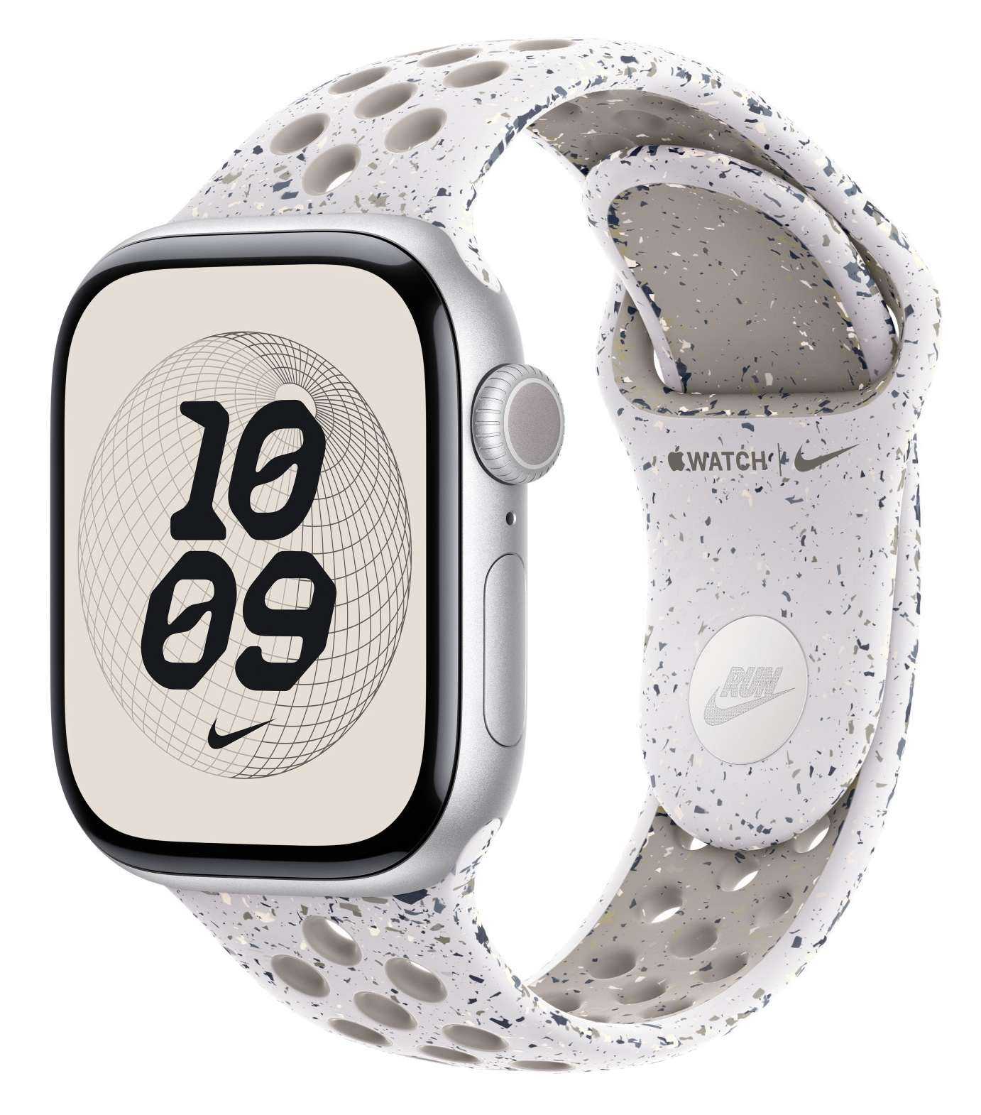 Srebrny Apple Watch z białym, nakrapianym paskiem. Tarcza wyświetla '10 09' i logo Nike. Pasek ma napis 'RUN' i logo Nike.