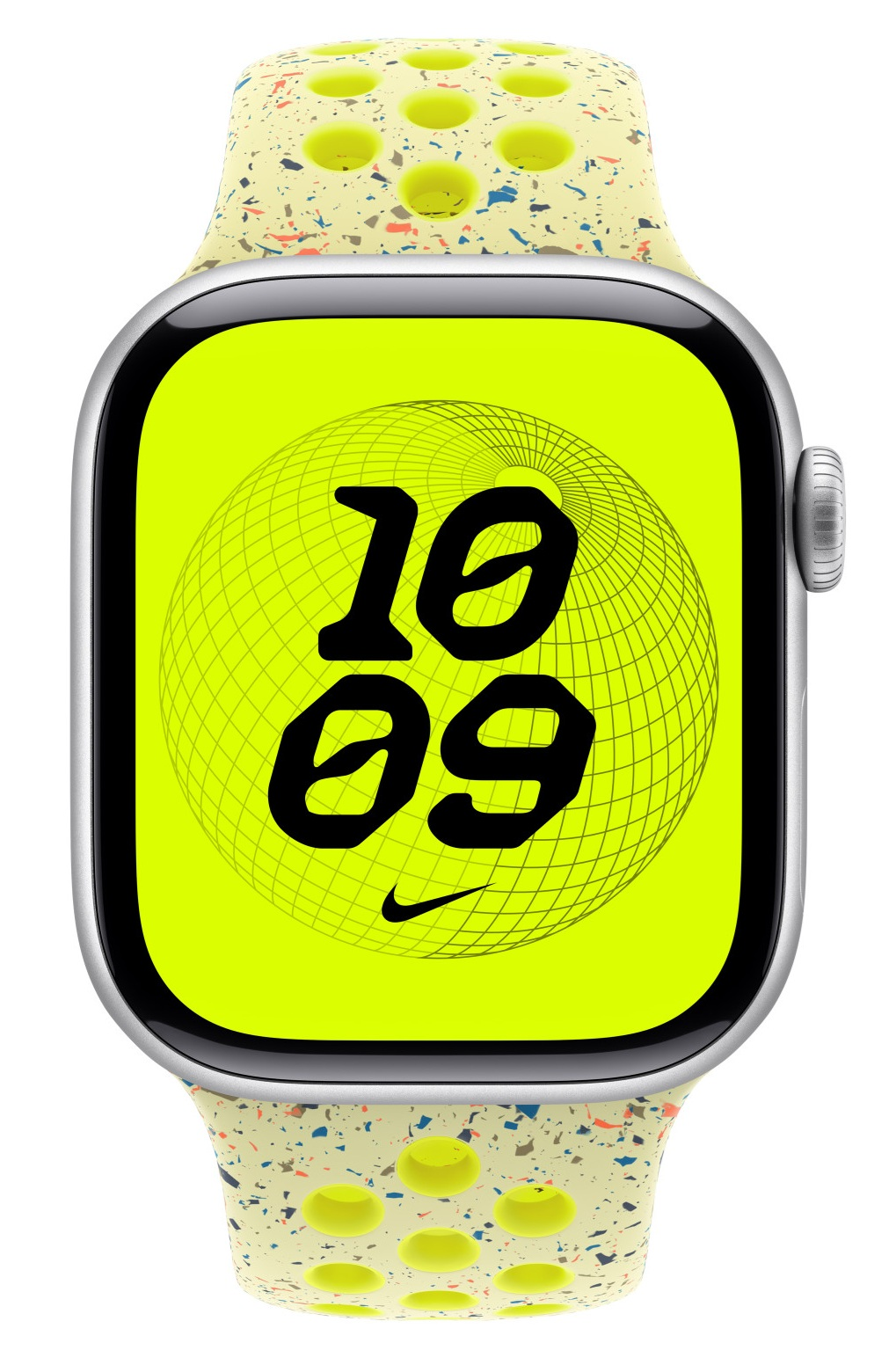 Zegarek Apple Watch Nike wyświetla godzinę 10:09 na neonowo zielonym ekranie. Ma nakrapiany pasek z żółtymi otworami i srebrną kopertę.