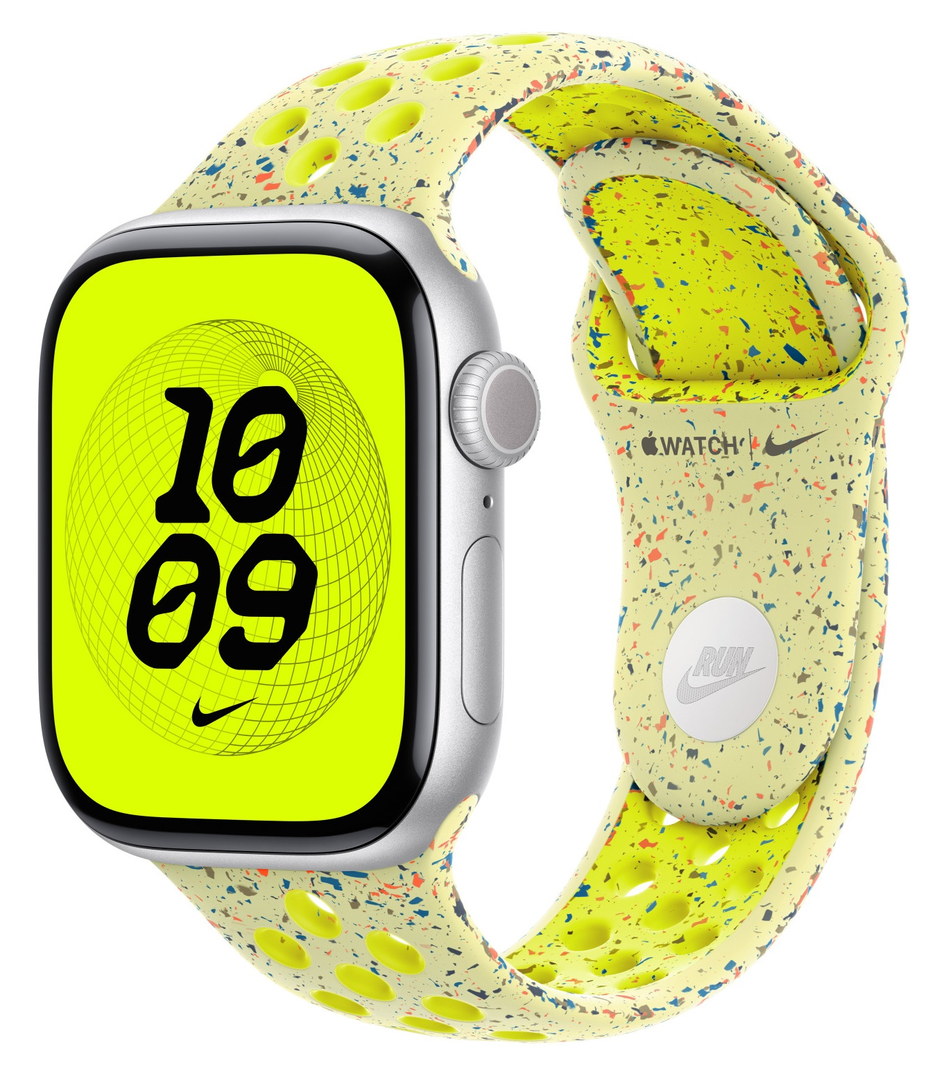 Apple Watch z żółtym i nakrapianym paskiem. Tarcza zegarka pokazuje godzinę '10:09'. Widoczne logo Nike. Pasek z logo 'Nike Watch' i 'Run'.