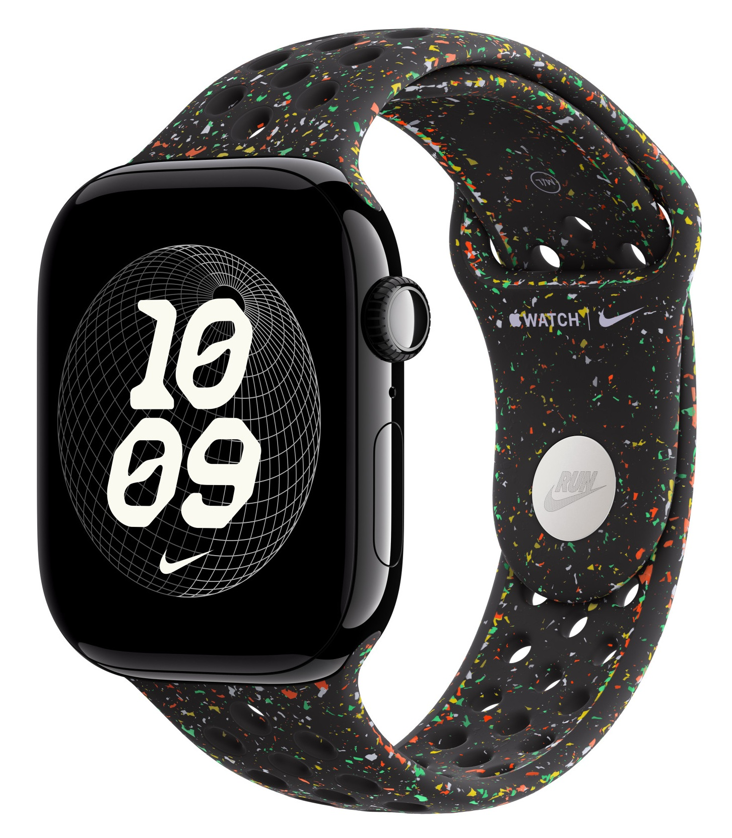 Czarny Apple Watch z nakrapianym paskiem wskazującym godzinę 10:09. Logo Nike widoczne na tarczy i pasku.