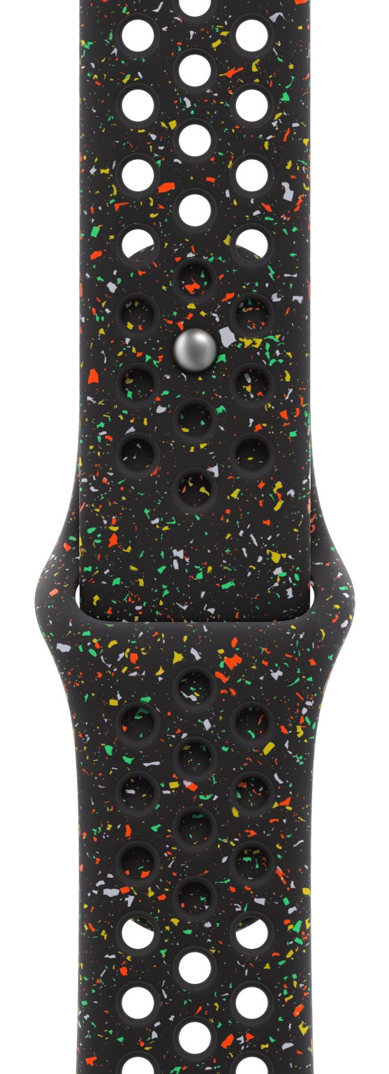 Czarny pasek do zegarka z wielokolorowymi plamkami i dużymi okrągłymi perforacjami. Srebrna klamra jest na środku.