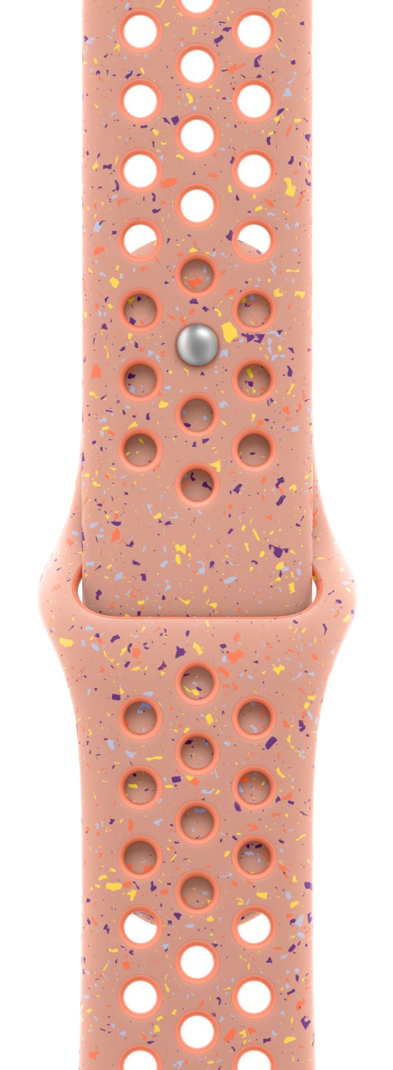 Bransoletka do zegarka w kolorze brzoskwiniowym z nakrapianym wzorem, otworami i srebrnym bolcem.