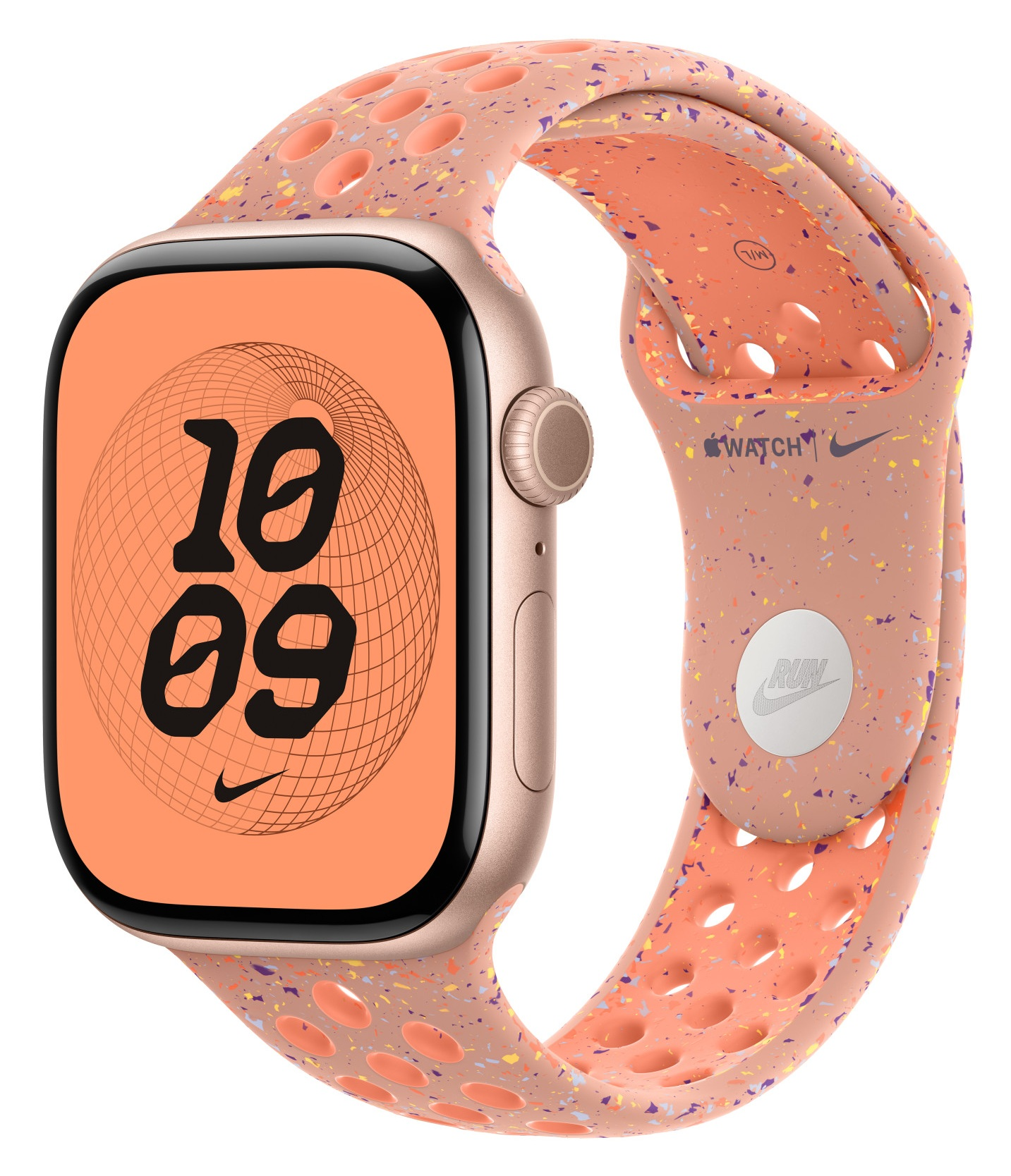 Apple Watch z brzoskwiniowym paskiem. Tarcza pokazuje godzinę 10:09. Pasek ma kolorowe plamki i logo Nike.