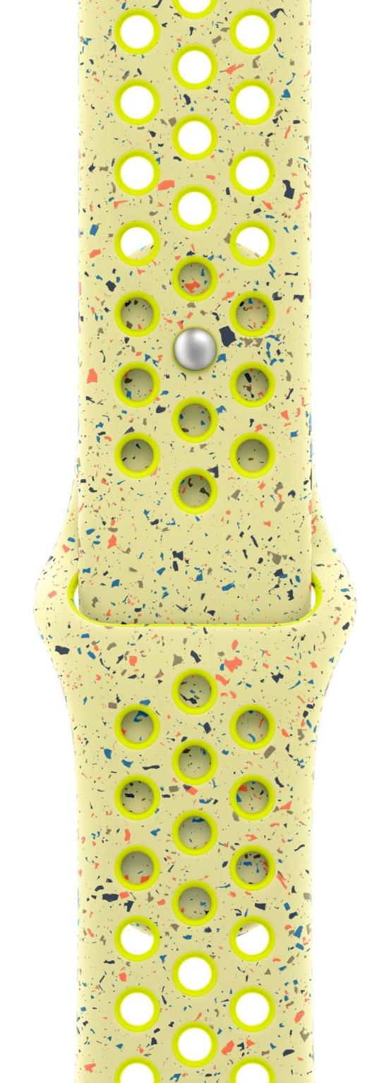 Jasnożółty pasek do zegarka z neonowożółtymi akcentami, nakrapiany kolorowymi plamkami i równomiernie rozmieszczonymi okrągłymi otworami.