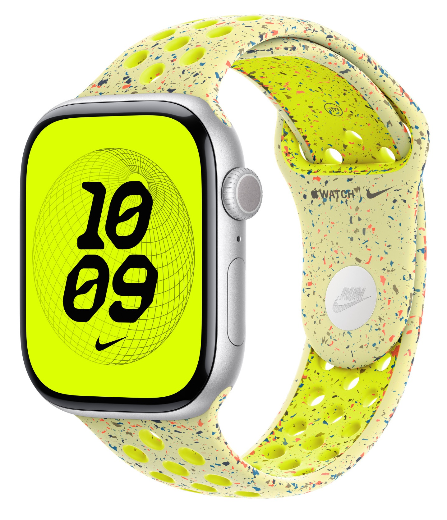 Srebrny Apple Watch z żółtym paskiem Nike. Tarcza wyświetla '10 09'. Pasek ma nakrapiany wzór i logo 'RUN'.