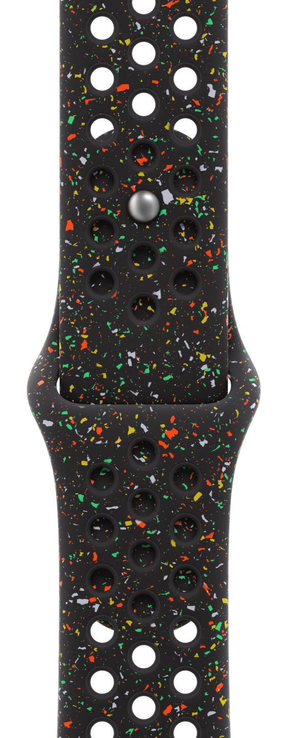 Czarny pasek do zegarka z kolorowymi plamkami i otworami. Pasek ma sprzączkę. Otwory są białe.