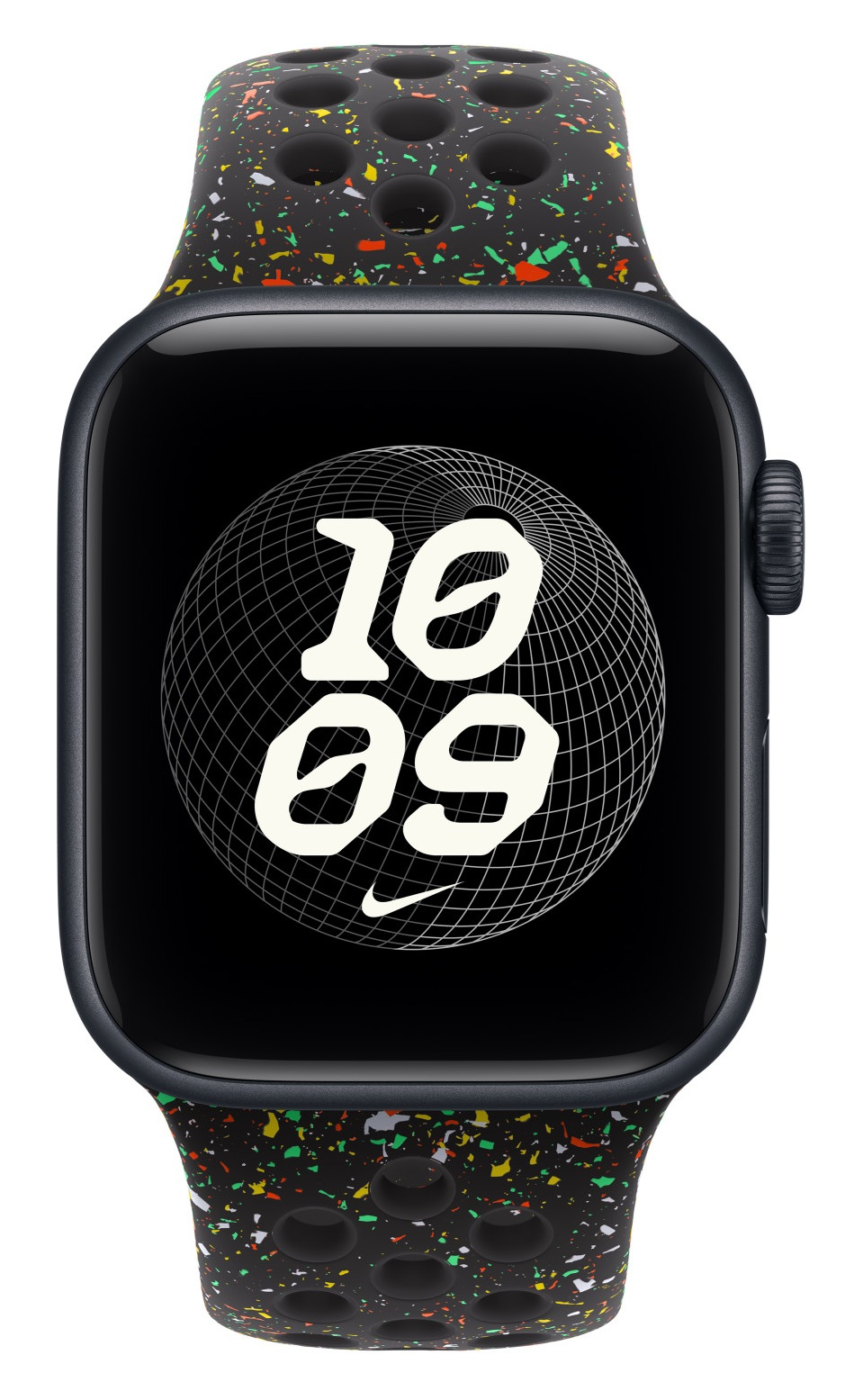Apple Watch z czarnym ekranem, na którym wyświetla się godzina 10:09. Pasek jest czarny z kolorowymi plamkami.