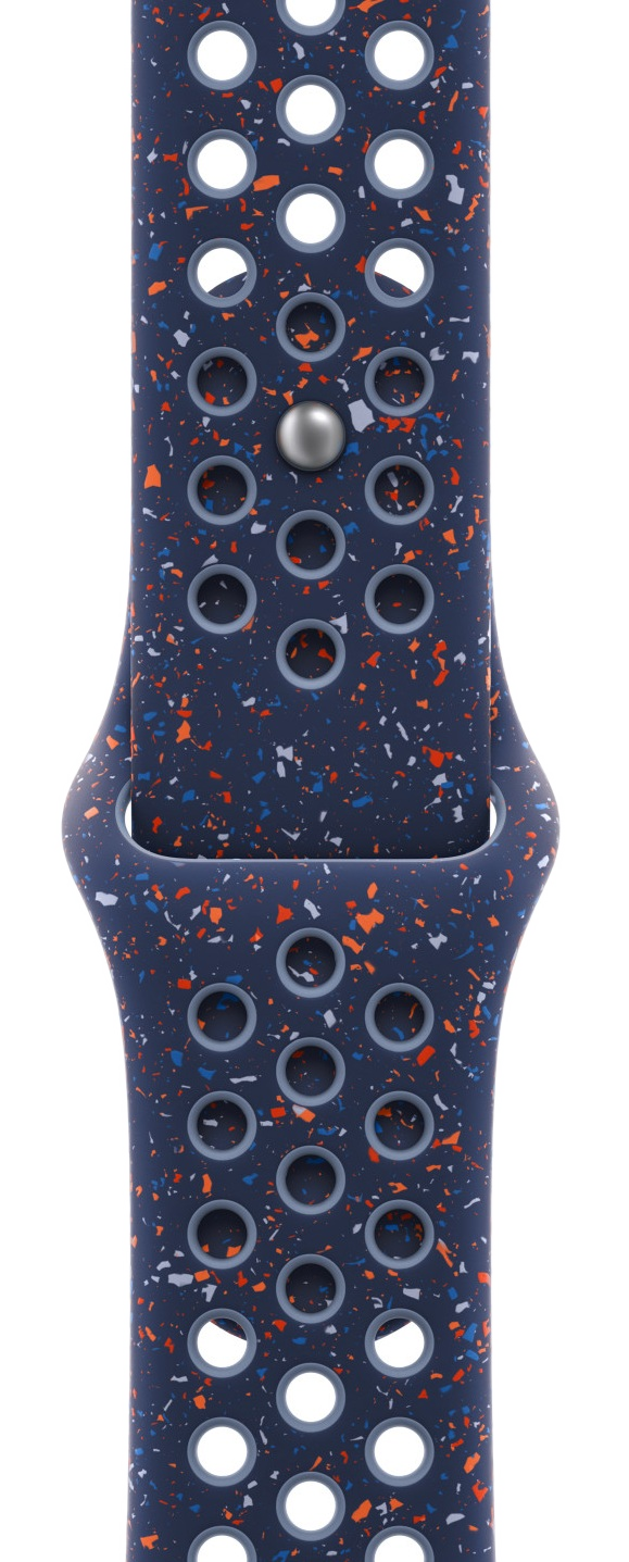 Ciemnoniebieski pasek do zegarka z białymi, pomarańczowymi i niebieskimi plamkami. Ma otwory i srebrne zapięcie.
