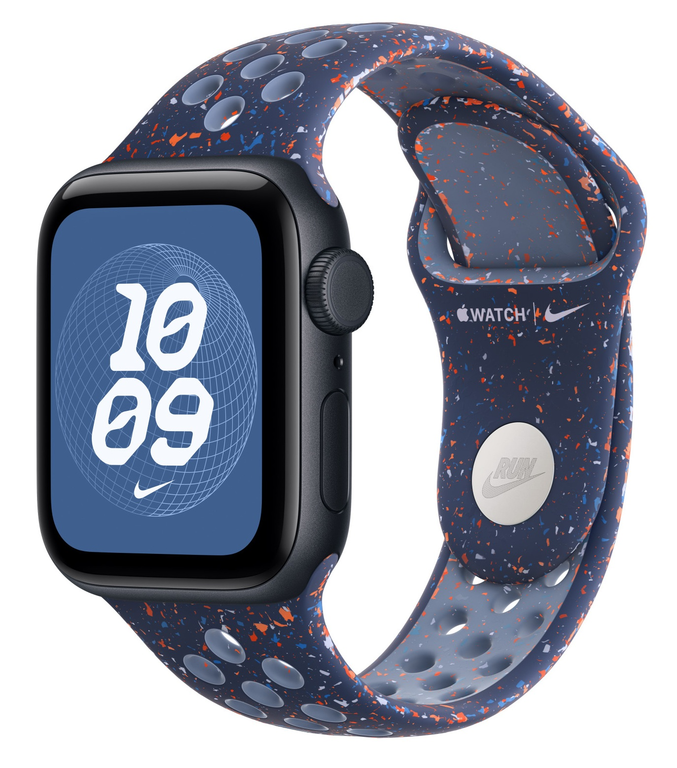 Apple Watch z granatowym paskiem w pomarańczowe i niebieskie kropki, wyświetlający godzinę i logo Nike.