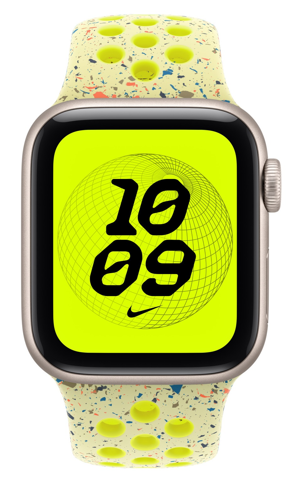 Apple Watch z limonkowym zielonym ekranem pokazującym godzinę '10:09'. Ma jasny żółty pasek z kolorowymi plamkami i żółtymi otworami.